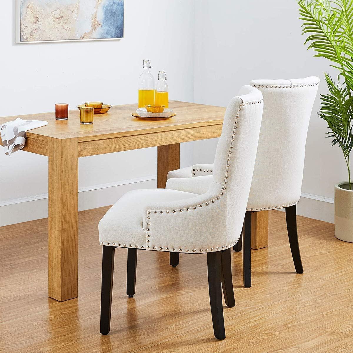 Beige Button-Tufted Upholstered Side Chair with Nailhead Trim