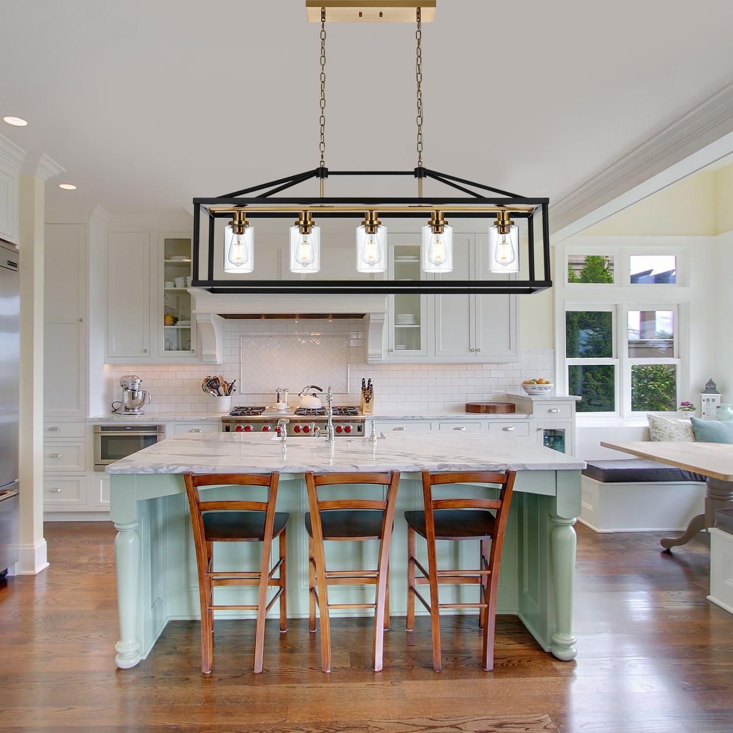 Modern Black and Brass 5-Light Island Chandelier with Glass Shades