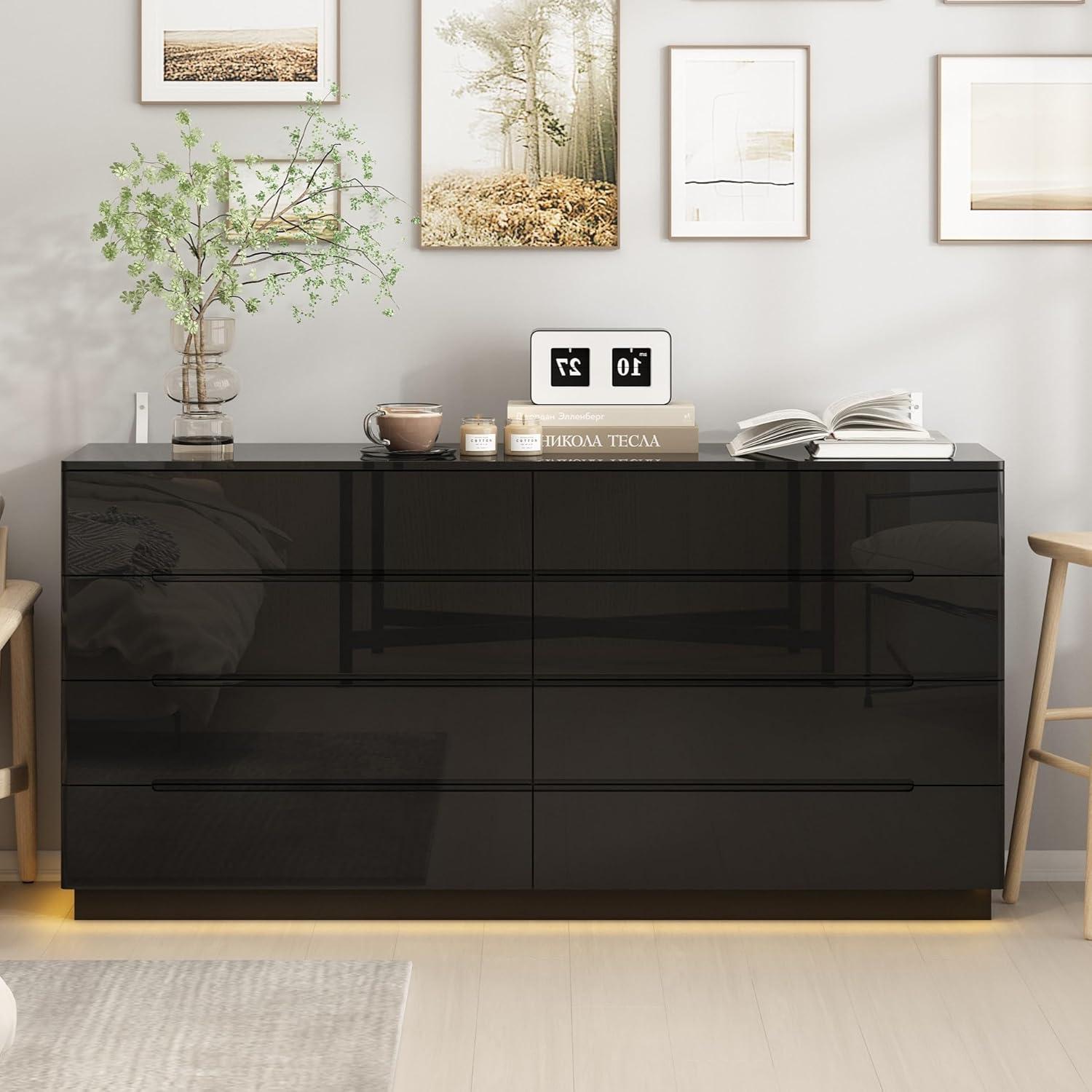 Black 8-Drawer 63 in. W Wood Double Dresser Chest of Drawers Bedroom Storage Organizer in With High Gloss and LED Lights