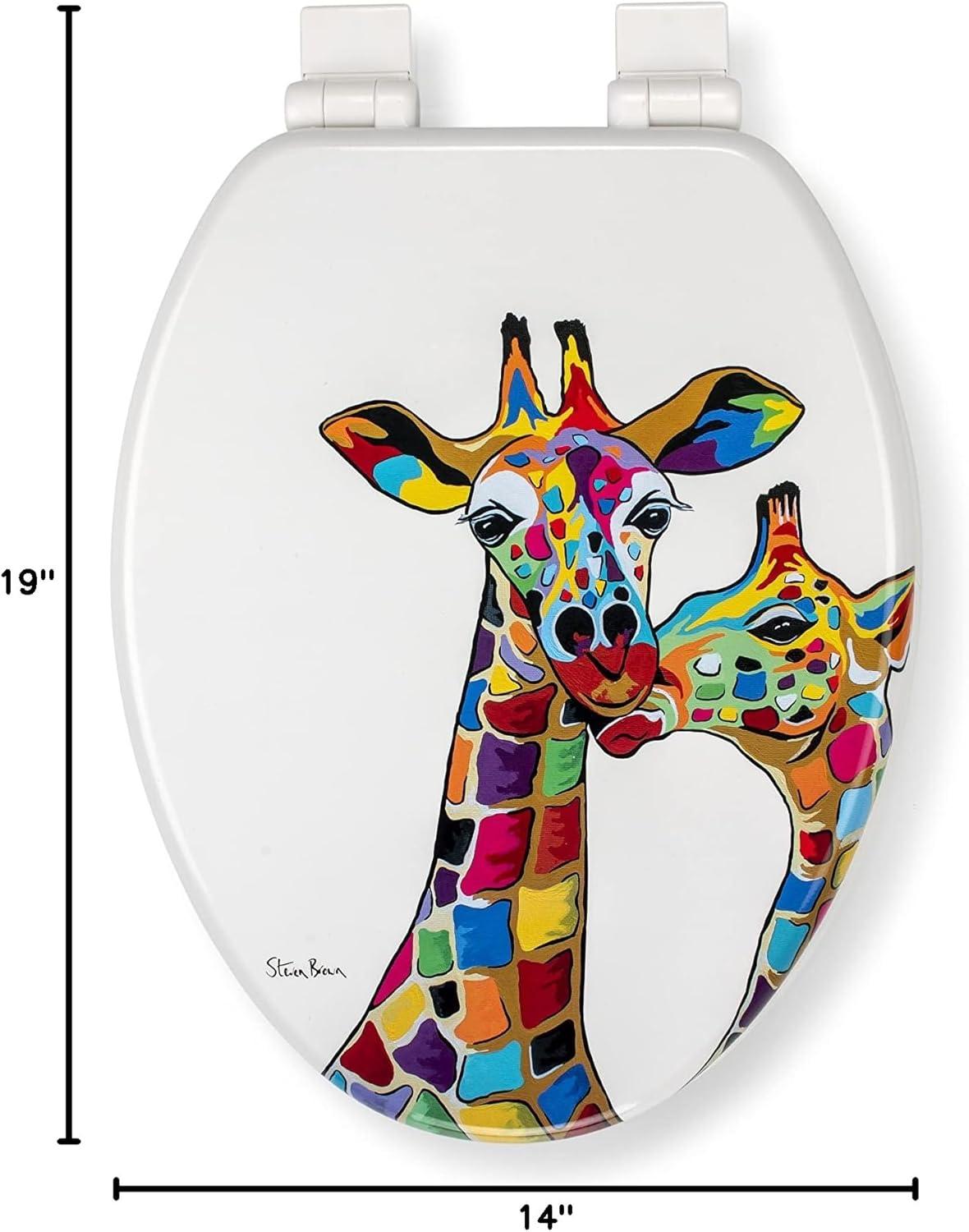 Croydex Steven Brown Artwork 19in Round Wood Toilet Seat, Colorful Giraffes Design