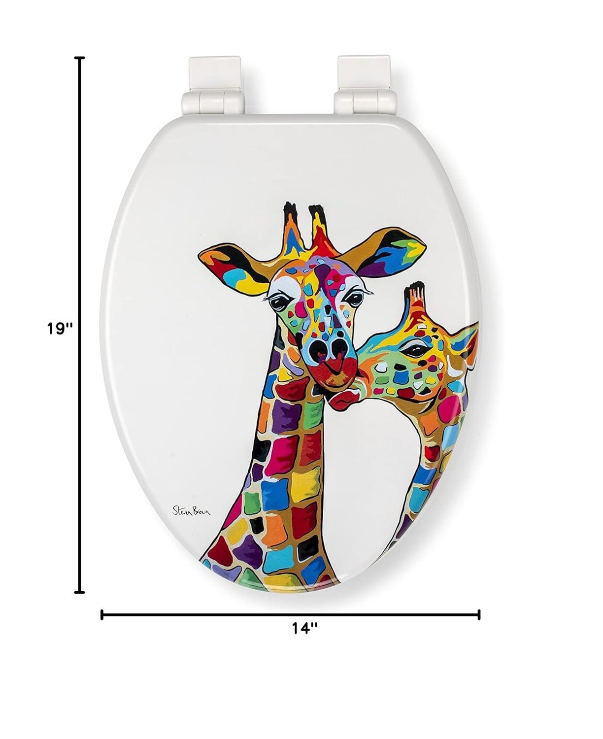 Croydex Steven Brown Artwork 19in Round Wood Toilet Seat, Colorful Giraffes Design