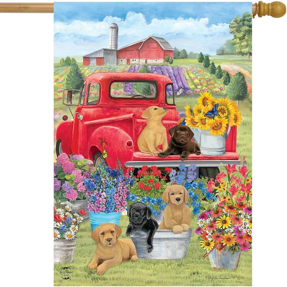 Spring Day Puppies House Flag Red Pickup Truck Floral 28" x 40" Briarwood Lane