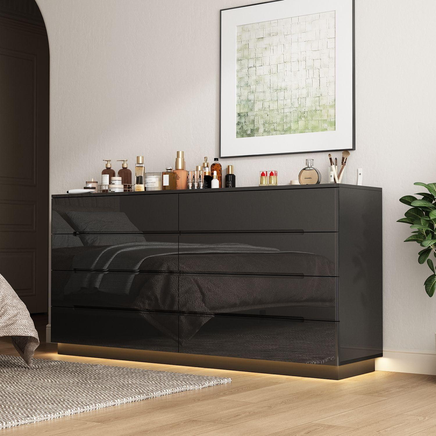 Black 8-Drawer 63 in. W Wood Double Dresser Chest of Drawers Bedroom Storage Organizer in With High Gloss and LED Lights