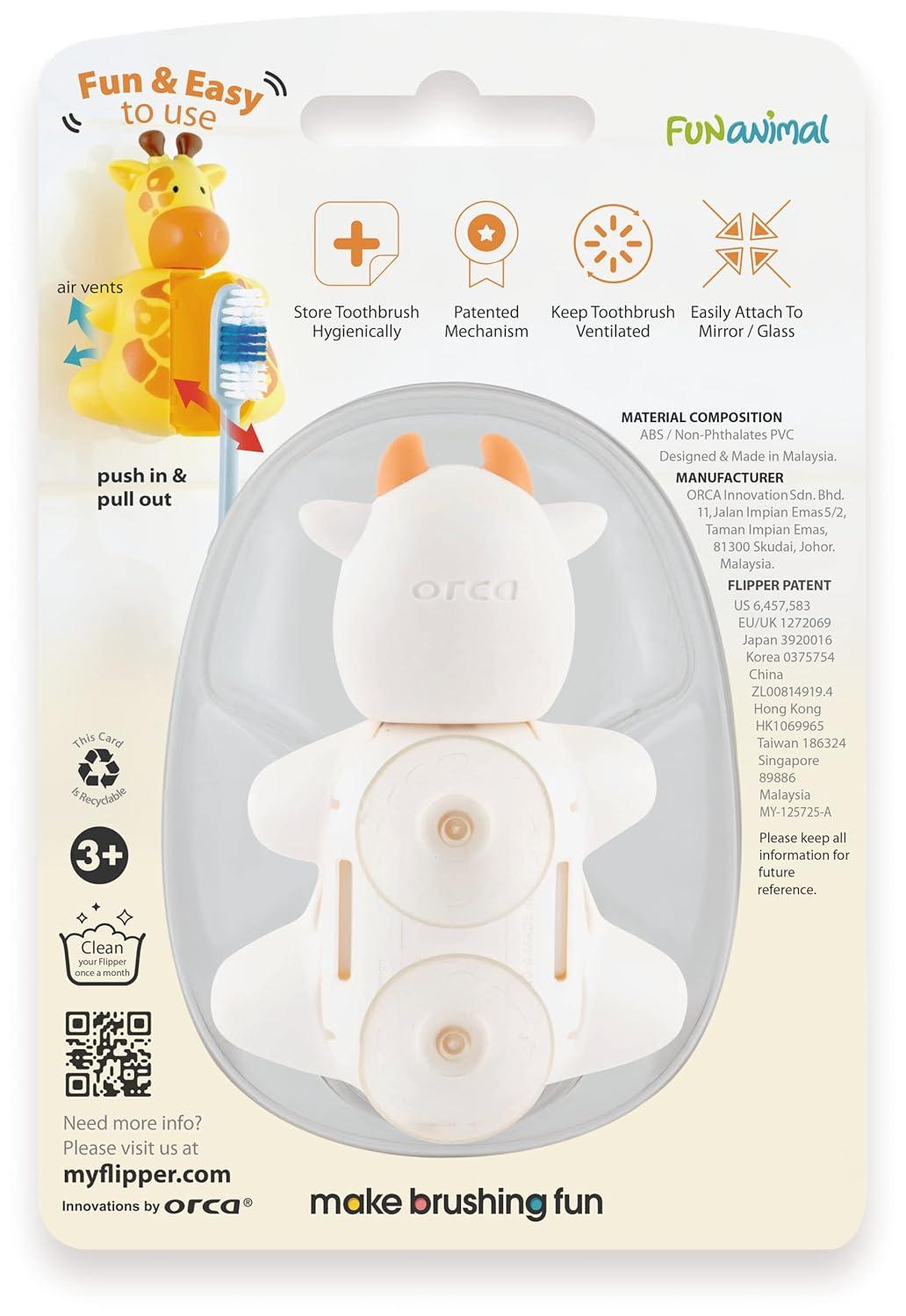 Flipper Fun Animal Cow Toothbrush Cover – Kids Toothbrush Holder with Cover – Toothbrush Holders for Bathrooms - Suction Cup Toothbrush Holder