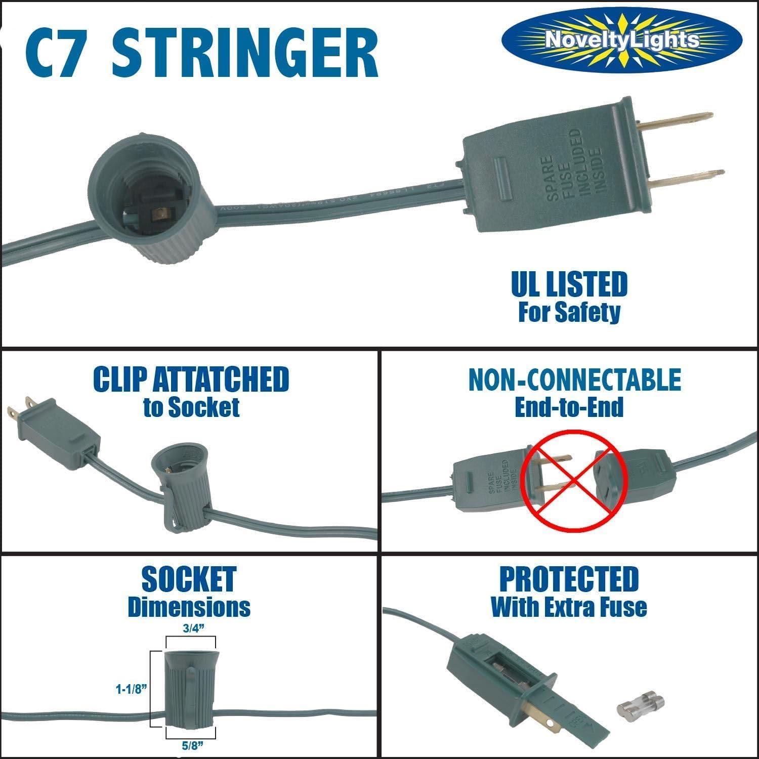 Novelty Lights 100 Feet C7/E12 Candelabra Base Christmas Stringer, Vintage Holiday Hanging Light String, 12" Spacing, SPT-1 20 Gauge Green Wire