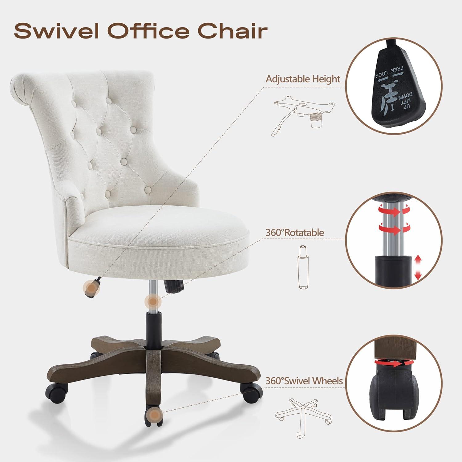 Beige Linen Upholstered Swivel Office Chair with Wooden Legs