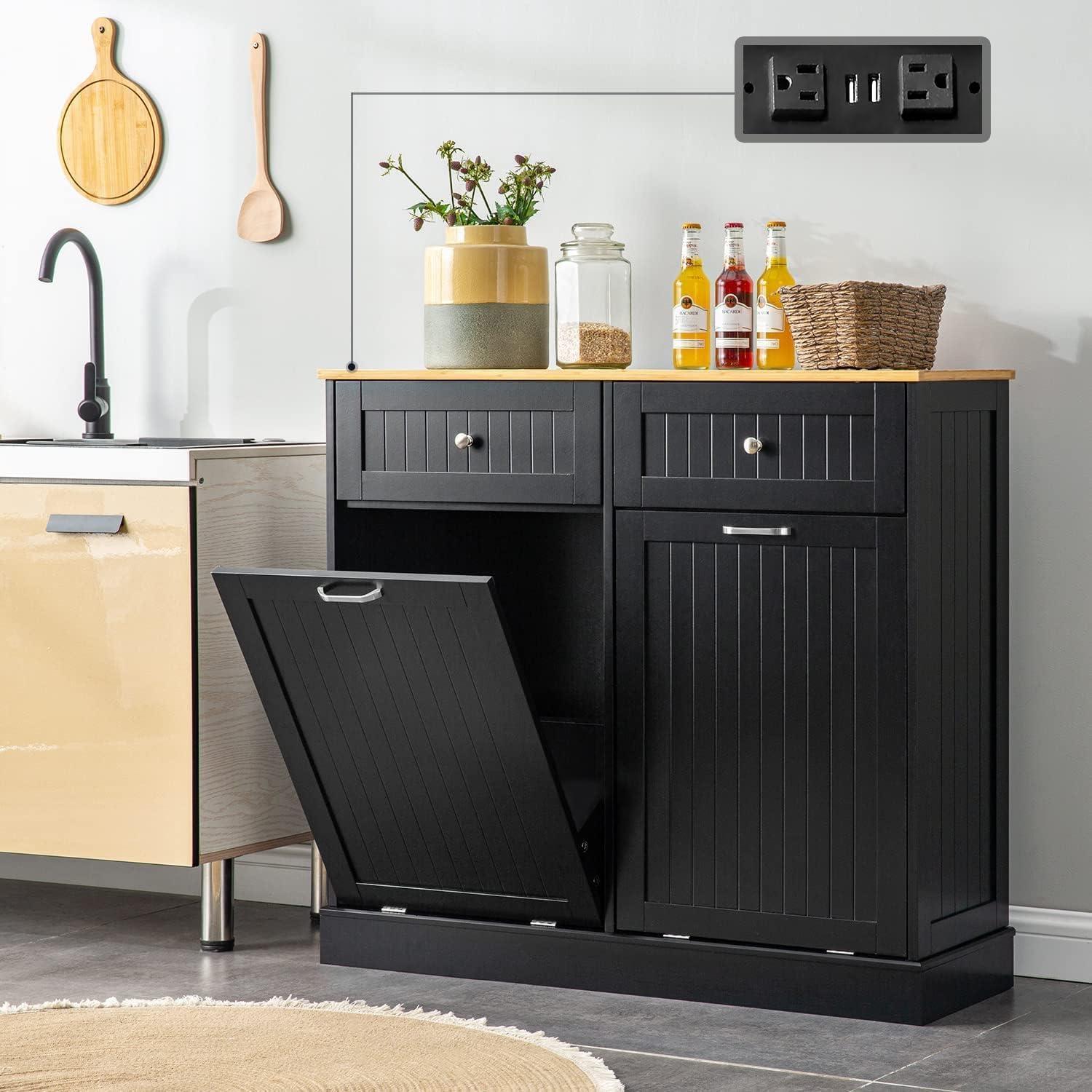 Black Double Tilt Out Trash Cabinet with Countertop and Drawer