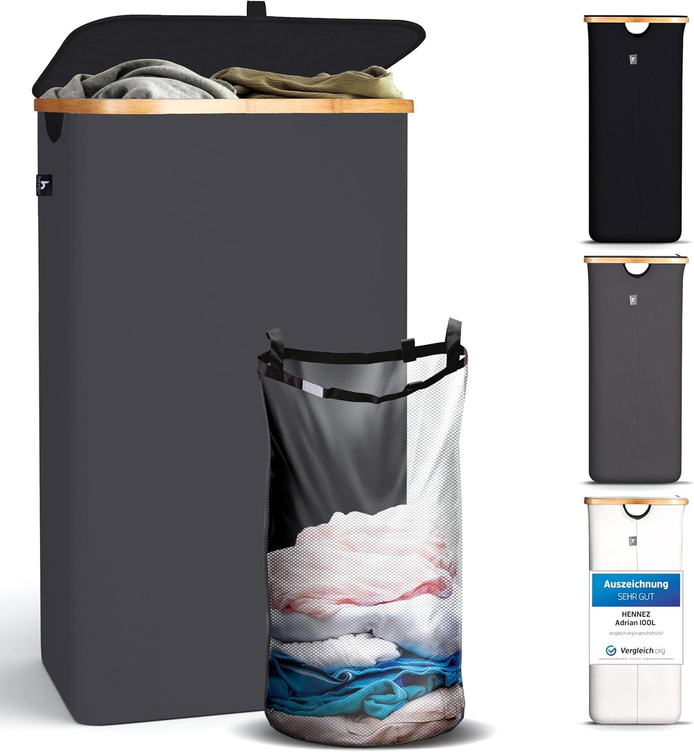 Hennez® Double Laundry Hamper with Lid, 2x Removable Bags, Thic Fabric, Bamboo Hamper 140Liter - 36gal - Light Gray