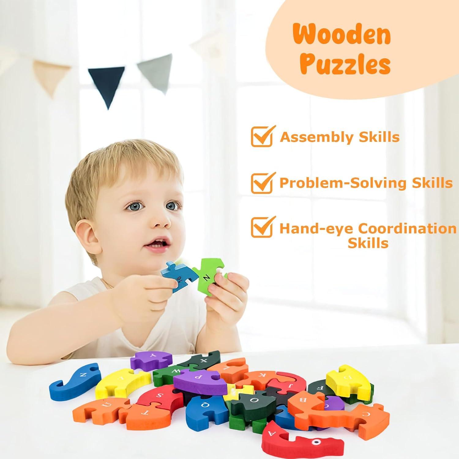 TAZEMAT Alphabet Jigsaw Snake Puzzle Building Blocks Animal Wooden Puzzle Wooden Snake Letters Numbers Block Toys for Children’s Toys