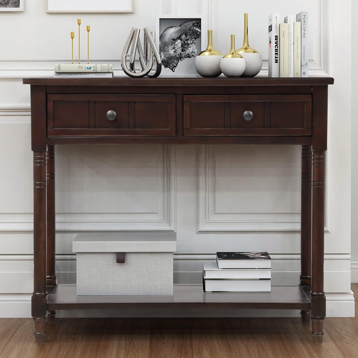 Alcott Hill® Wood Console Table with Two Drawers, Bottom Shelf