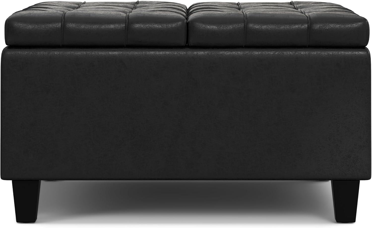 Simpli Home Harrison 30 inch Wide Transitional Square Small Coffee Table Storage Ottoman in Distressed Black Vegan Faux Leather