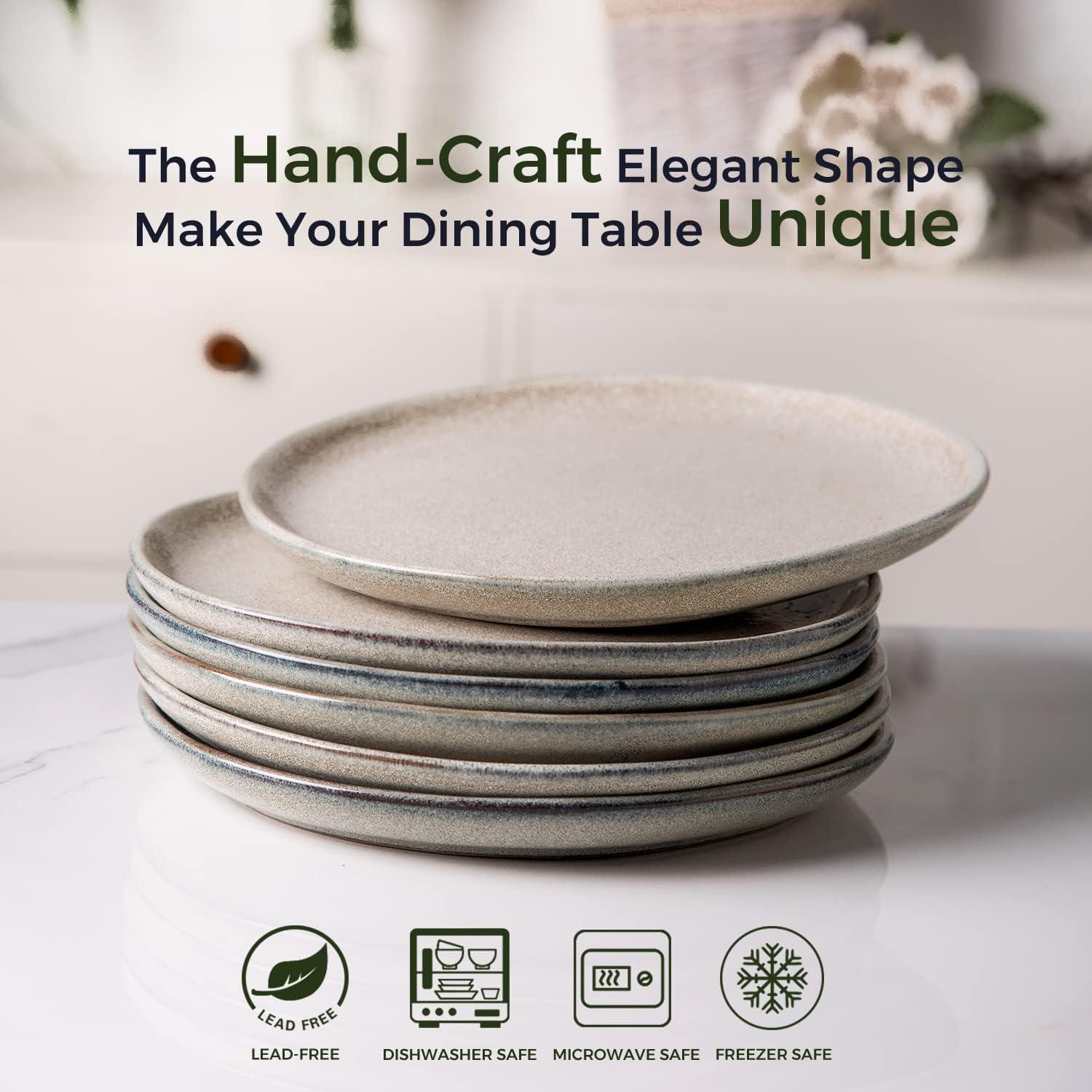 Handmade Reactive Glaze Stoneware Plates Set of 6 - Beautifully Crafted, Sturdy and Rustic Ceramic Plates for Dessert, Salad, and More - Unique Design with Raised Edge - Stackable and Easy to Handle