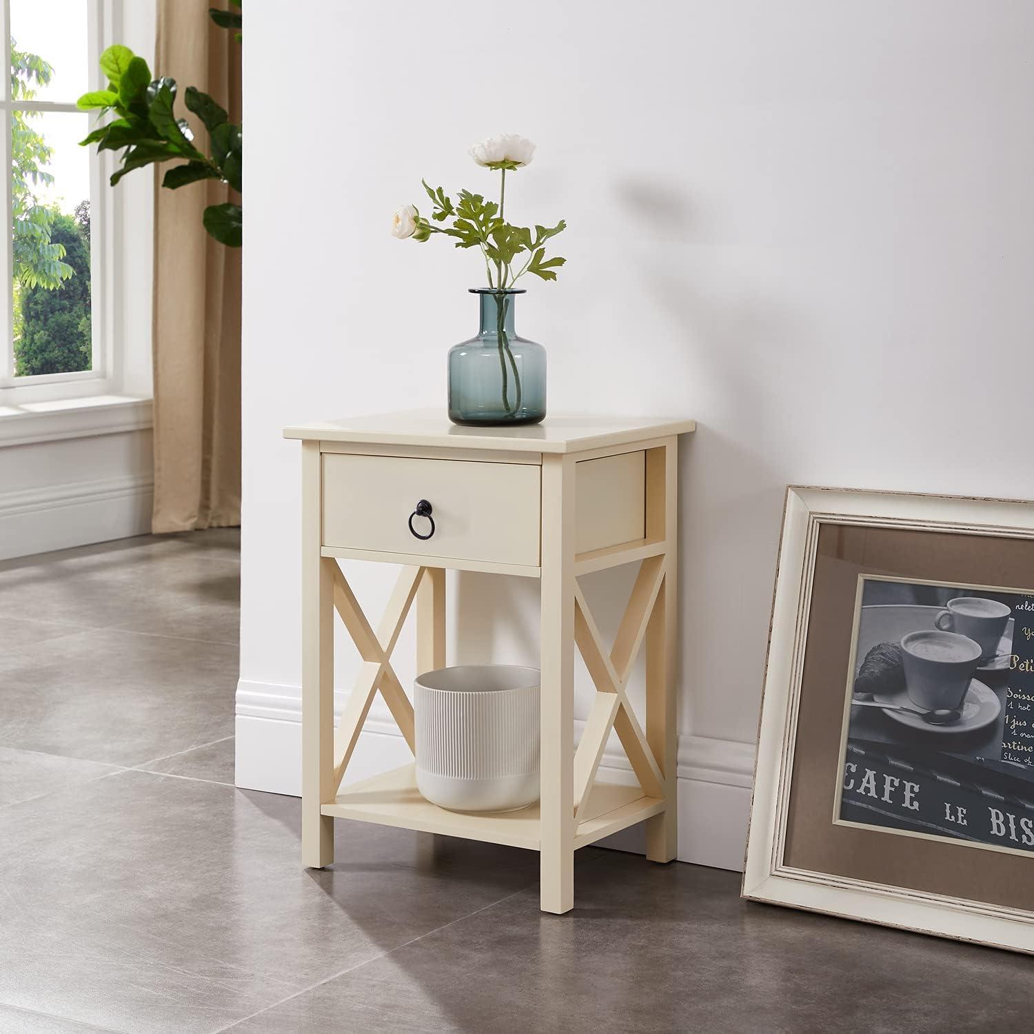 Cream Solid Wood Nightstand with Drawer and Shelf