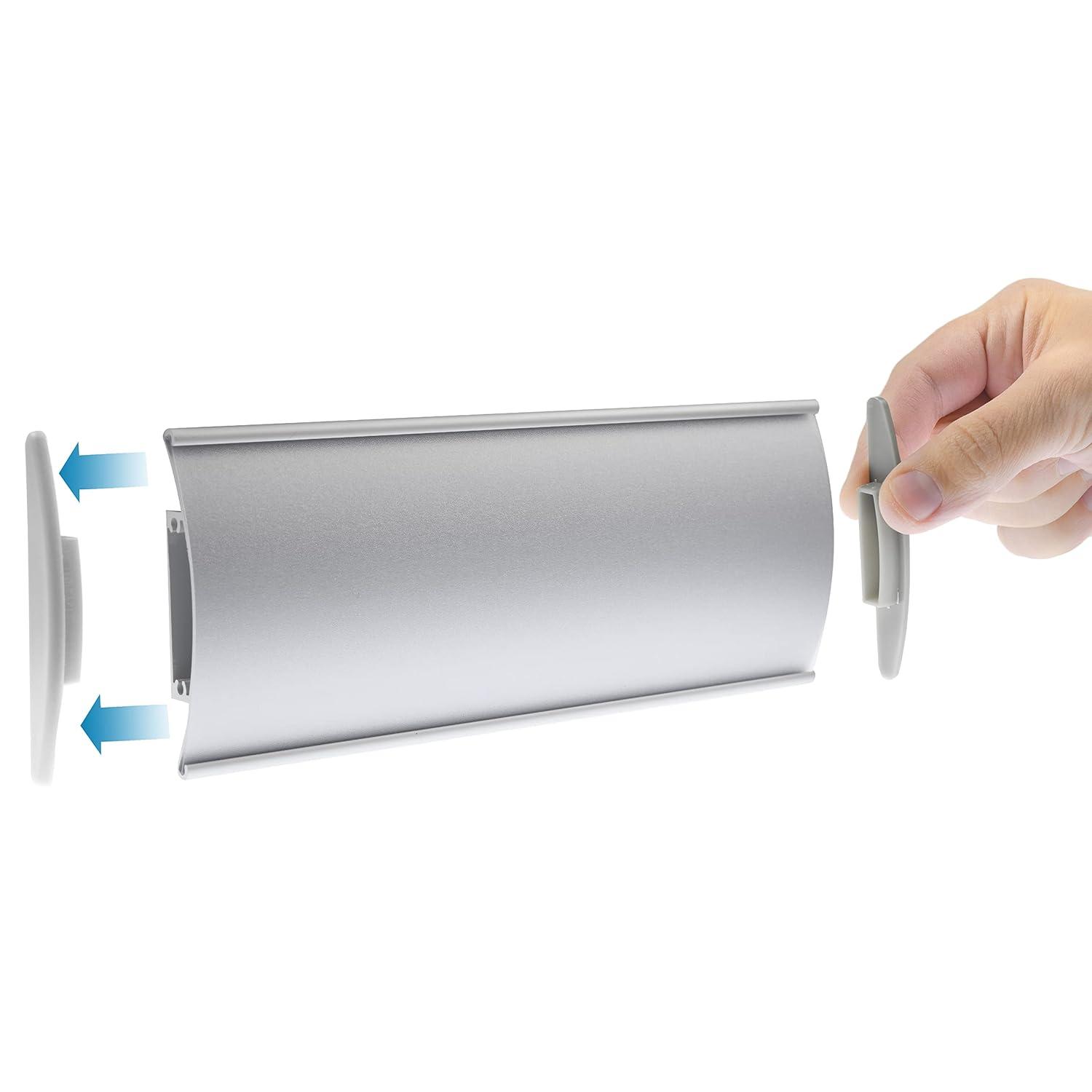 Set of 6 –Sturdy & Elegant Silver Aluminum Wall Mount Name Plate Holder, Office Business Door Curved Sign Holder with Adhesive Tape, 8” X 3” - Plastic Film Included, Paper Inserts NOT Included