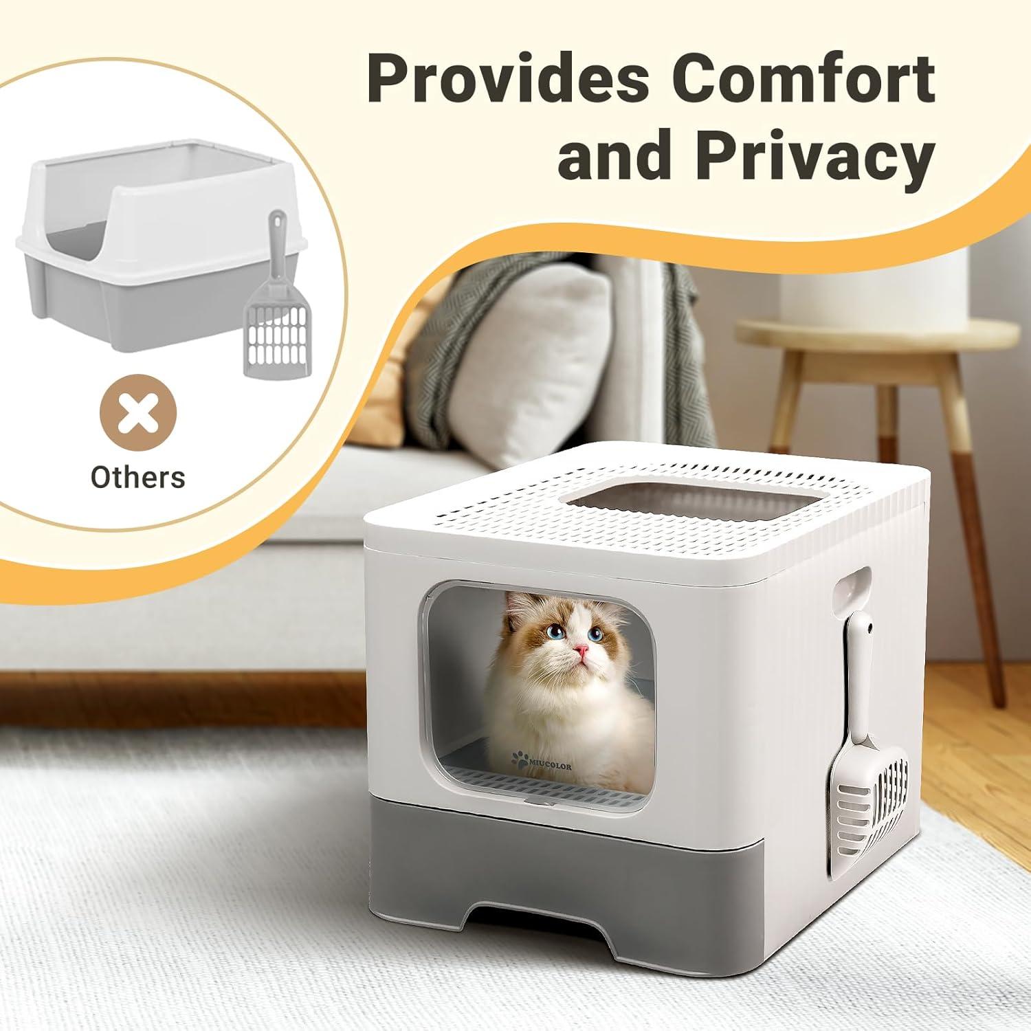 Dextrus Large Enclosed Cat Litter Box with Lid Drawer Type Easy to Clean,with Cushion&Litter Scoop,Gray