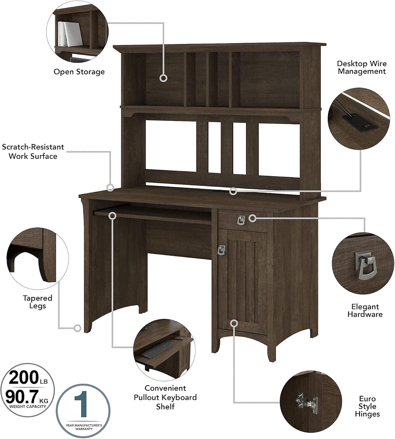 Ash Brown Mission Style Desk with Hutch and Integrated Cable Management