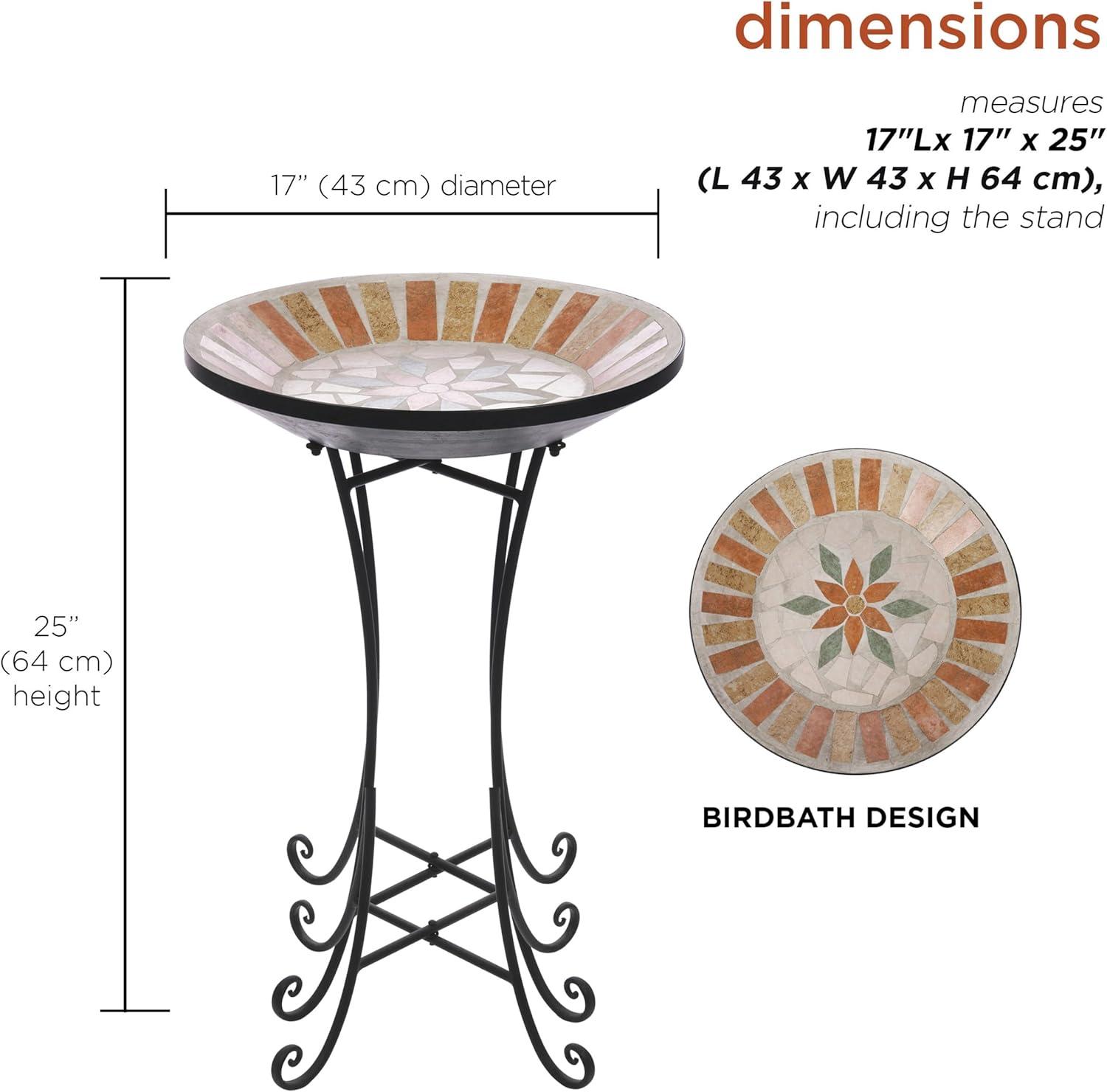 25" Outdoor Decorative Mosaic Birdbath with Metal Stand - Alpine Corporation: Weather-Resistant Iron Base