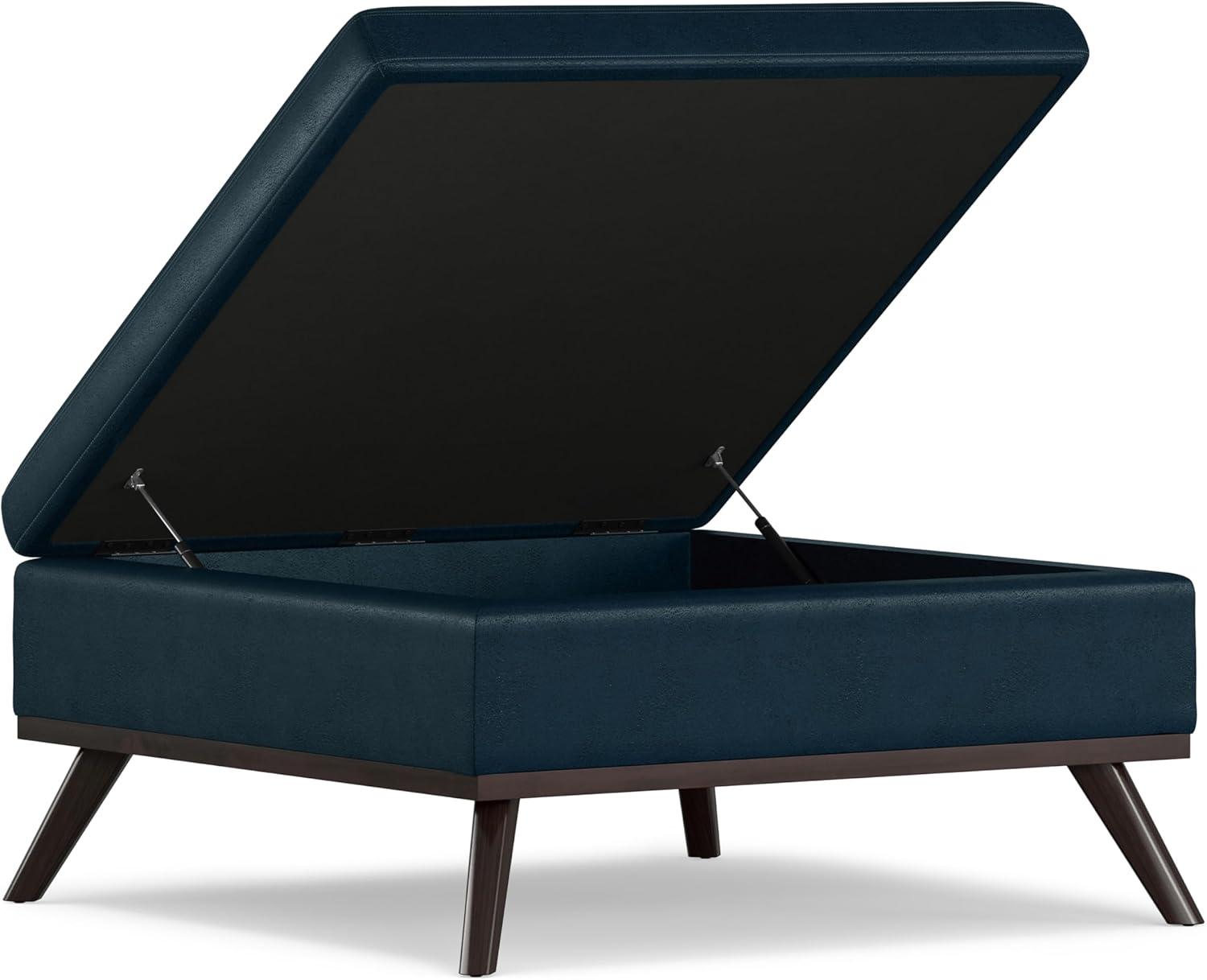 Simpli Home Owen 36"W Upholstered Square Coffee Table Storage Ottoman with Lift Top and Solid Wood Legs