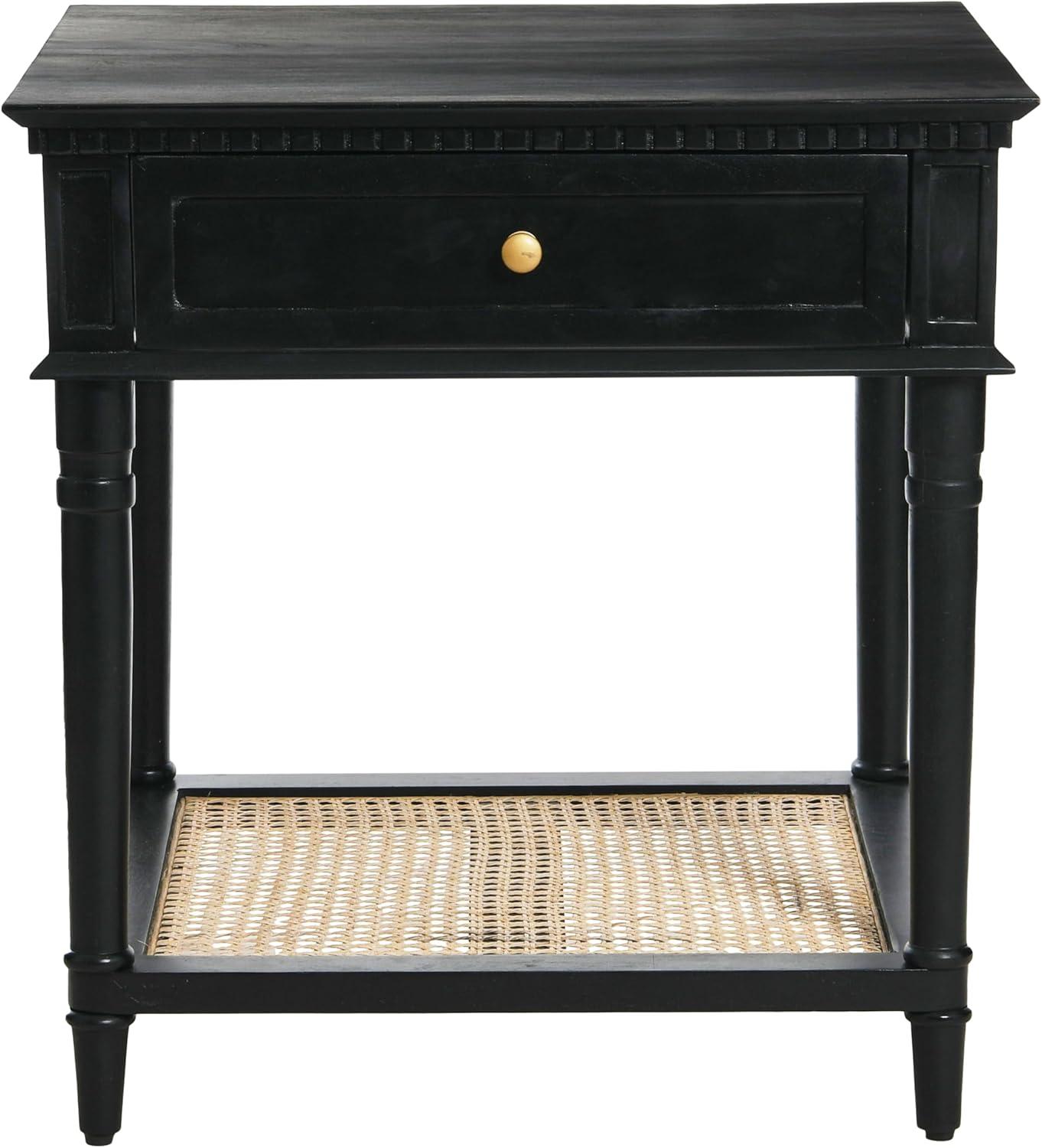 Storied Home Maxwelton End Table Black: Elegant Square Nightstand with Storage Drawer & Cane Shelf