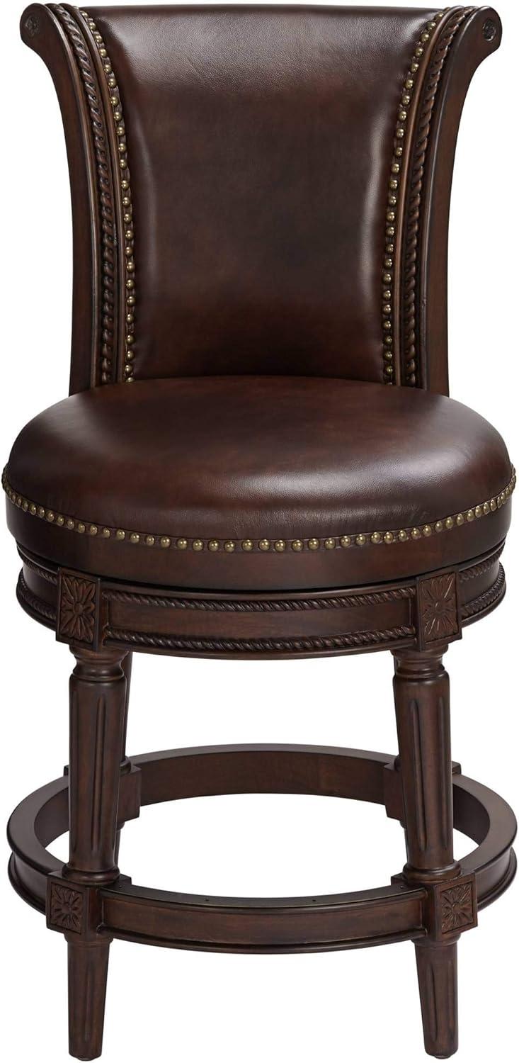 55 Downing Street Addison Walnut Swivel Bar Stool Brown 26" High Traditional Mocha Leather Cushion with Backrest Footrest for Kitchen Counter Height