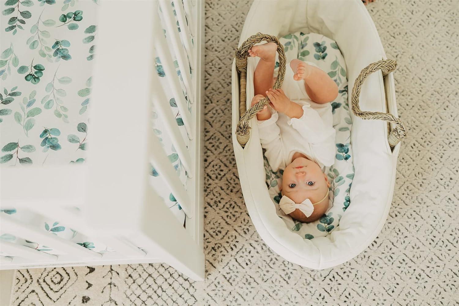 NODNAL CO. Green Leafy Cotton Bassinet Fitted Sheet Set, 100% OEKO-TEX Cotton, 3 Pieces, for Newborn Infant Baby Girl or Boy Nursery Bedding, Gender Neutral Leafs, Greenery, Floral Eucalyptus