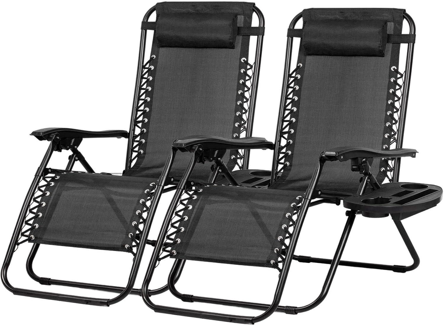 Set of 2 Black Steel Mesh Zero Gravity Recliners with Cup Holder