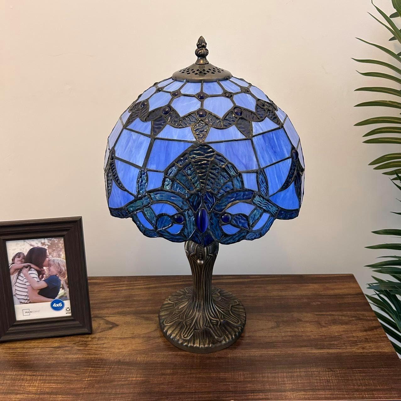 Tiffany Table Lamp Blue Stained Glass Baroque Style Lavender LED Bulb Included for Living Room Bedroom Bedside 12'W*19"H
