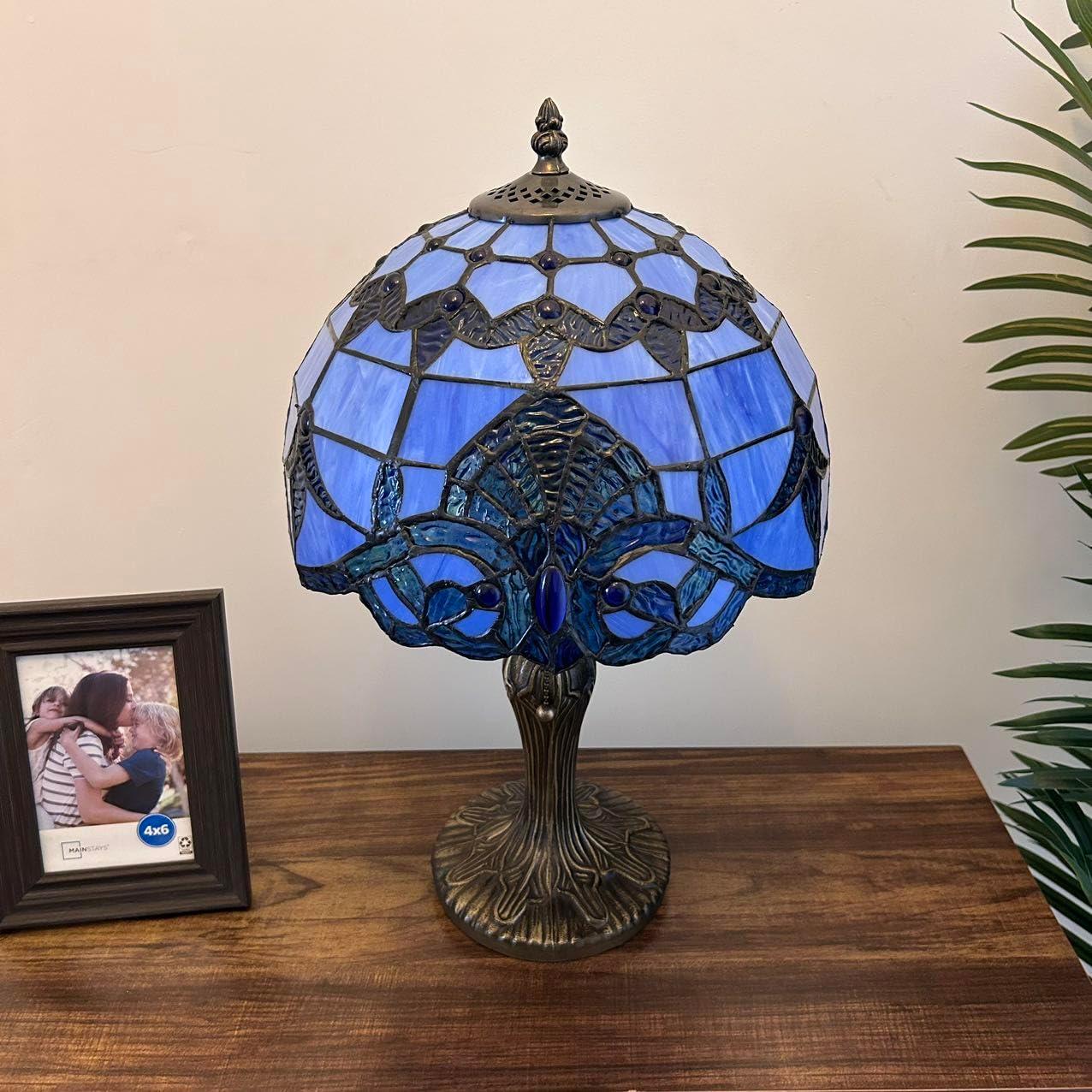 Tiffany Table Lamp Blue Stained Glass Baroque Style Lavender LED Bulb Included for Living Room Bedroom Bedside 12'W*19"H