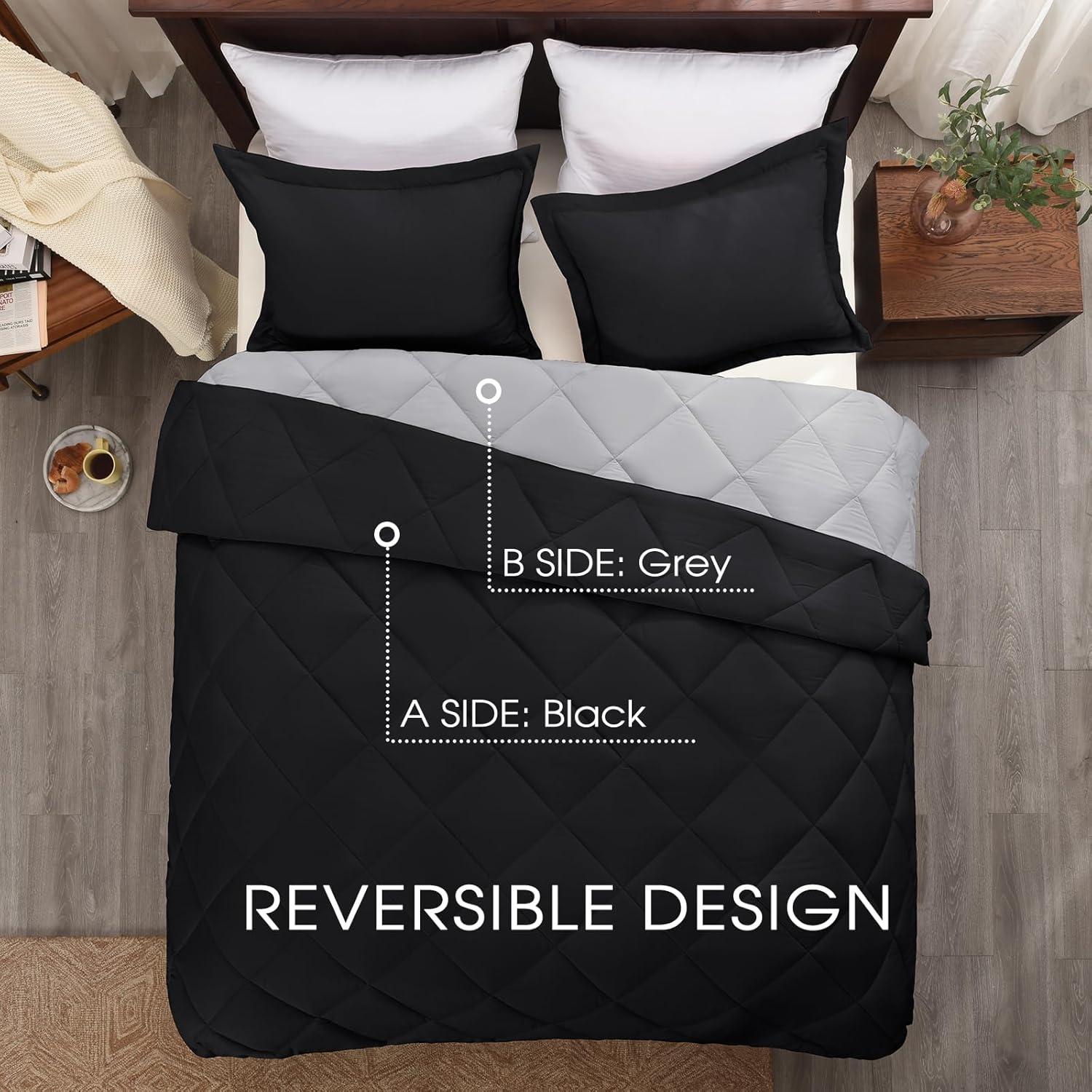 Queen Black and Grey Reversible Microfiber Comforter Set