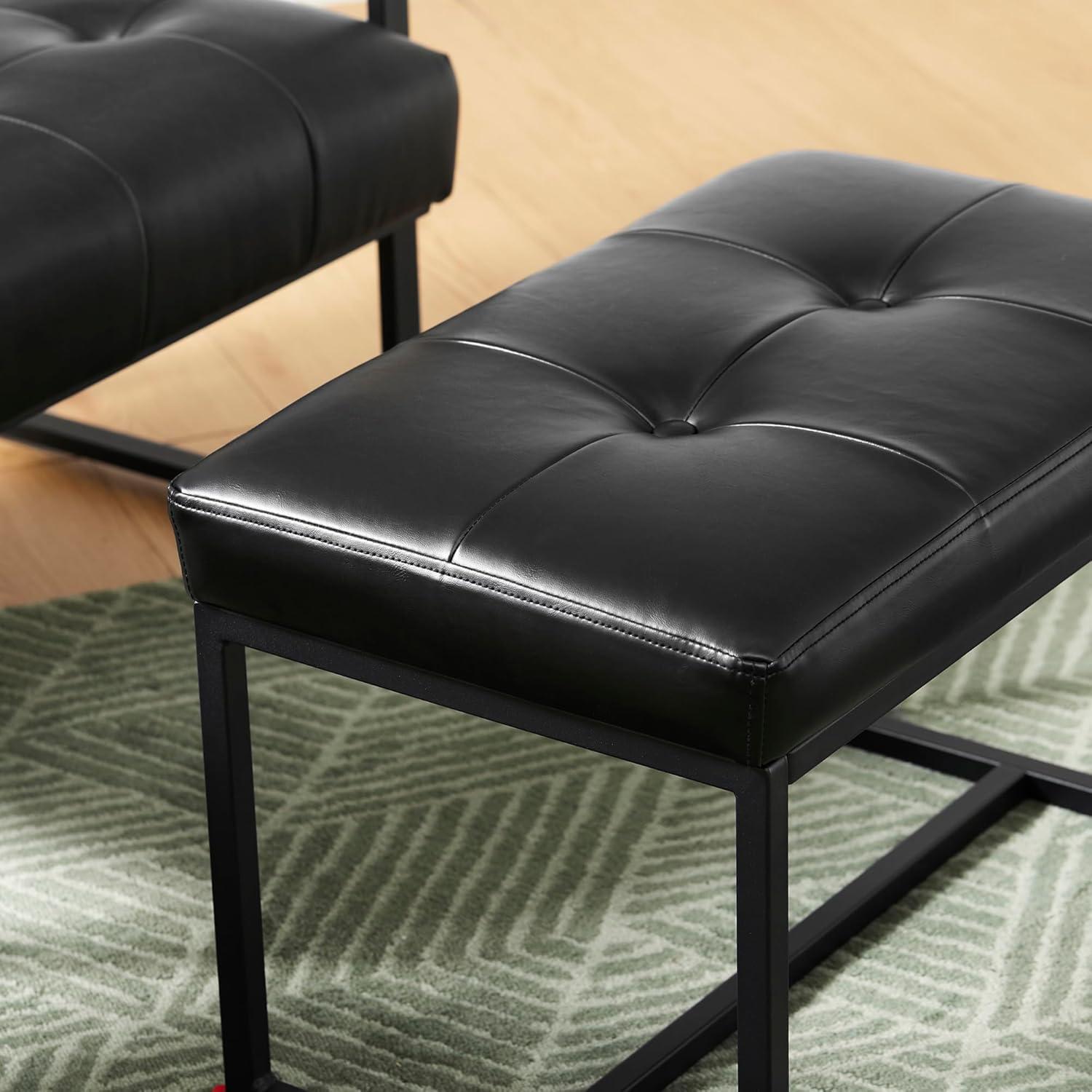 Modern Black Faux Leather Tufted Ottoman with Metal Frame