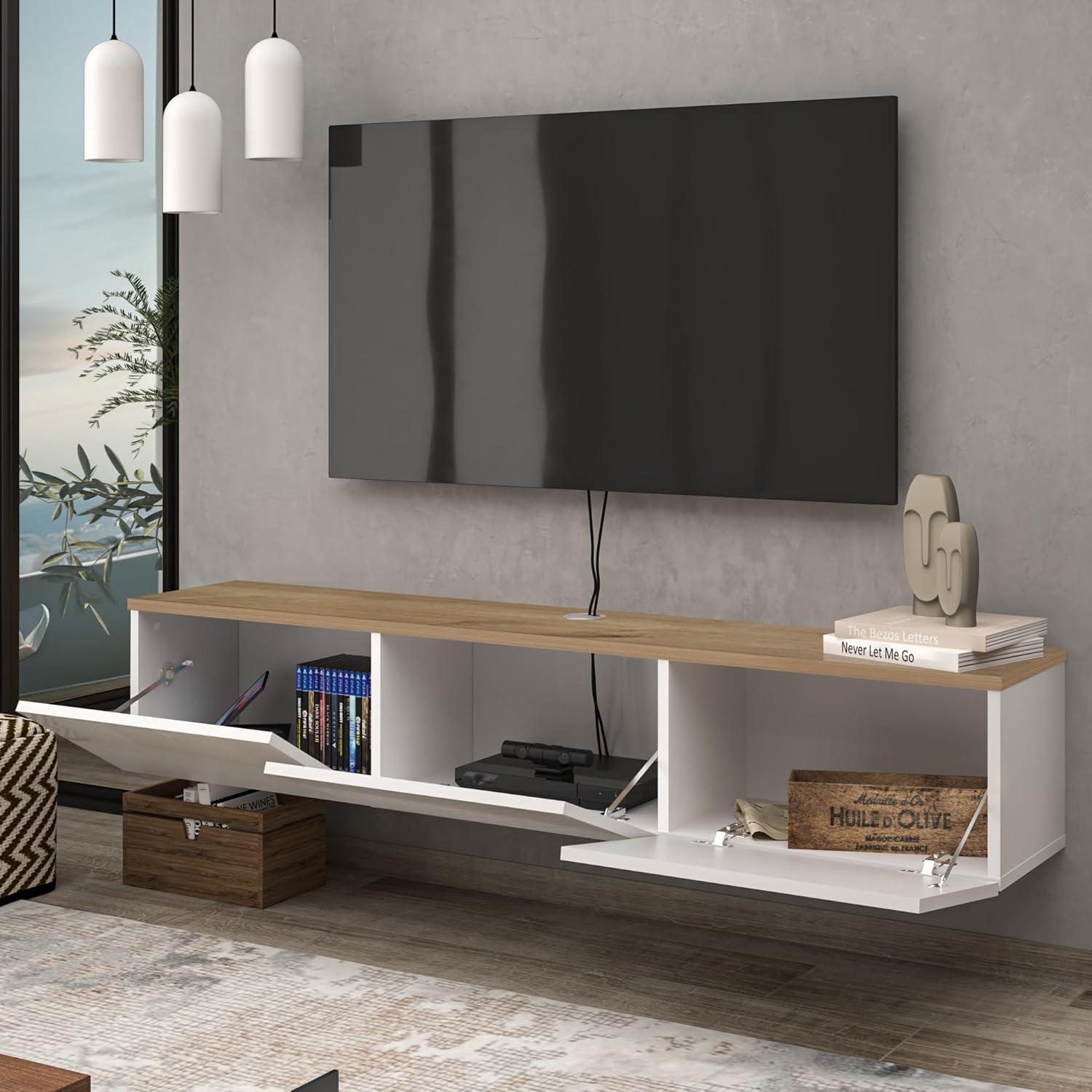 Modern White and Oak Floating TV Stand with Cabinet