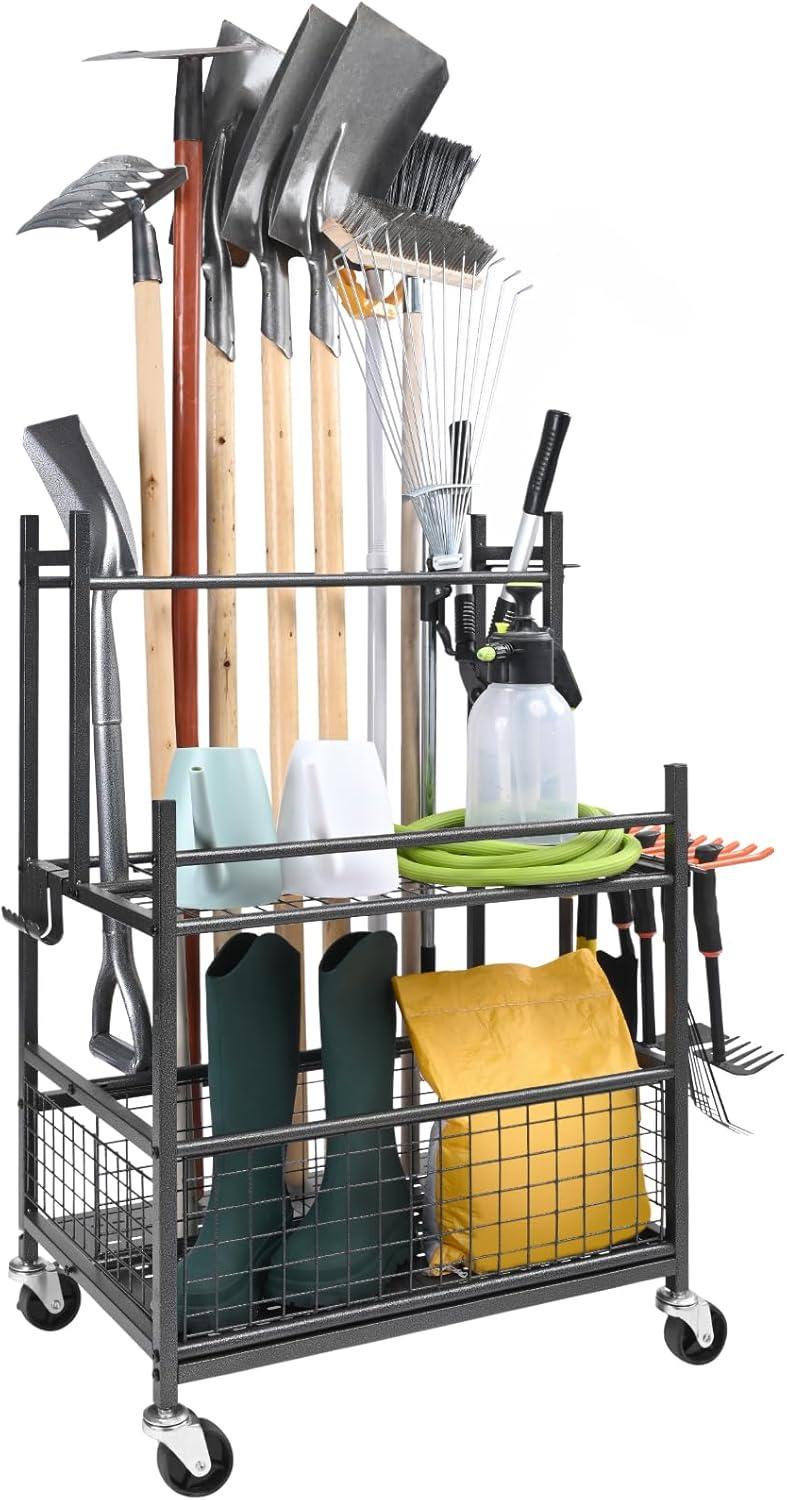 VEVOR Garden Tool Organizer, 16 Slots with Hooks, Yard Tool Tower Rack with Wheels for Garage Organization and Storage, Hold Long-Handled Tool/Rake