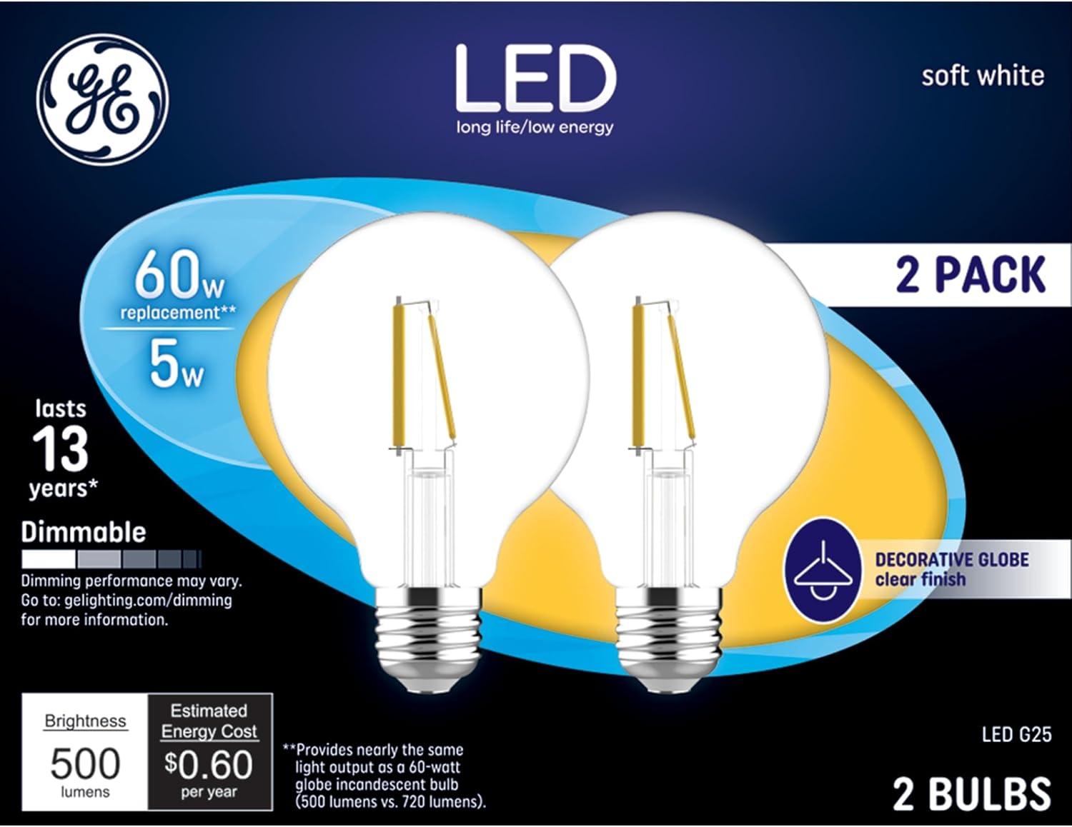 GE 2pk 60W G25 LED Globe Filament Clear Light Bulbs Soft White: Round E26 Type A, Bathroom, 500 Lumens, Energy Star Certified