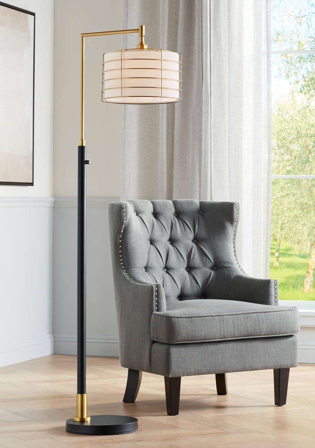 Possini Euro Design Modern Arc Floor Lamp 63 1/2" Tall Warm Gold Black Metal Cage Off-White Linen Shade for Living Room Reading