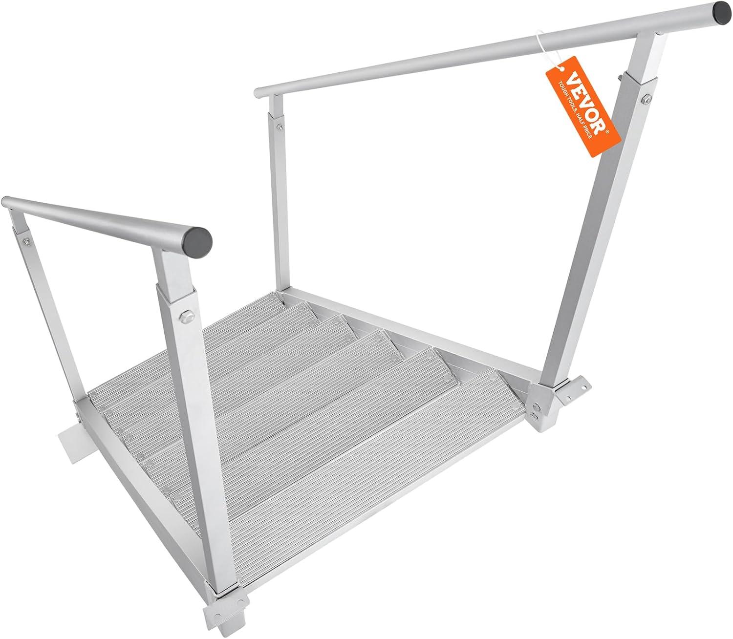 VEVOR Dock Stairs 4 Steps, 500lbs Load Pool Steps, Adjustable Height Aluminum Dock Ladders, Pontoon Boat Ladder with Handrails & Widen Nonslip Pedals for Lake/Pool/Marine Boarding/RV/House
