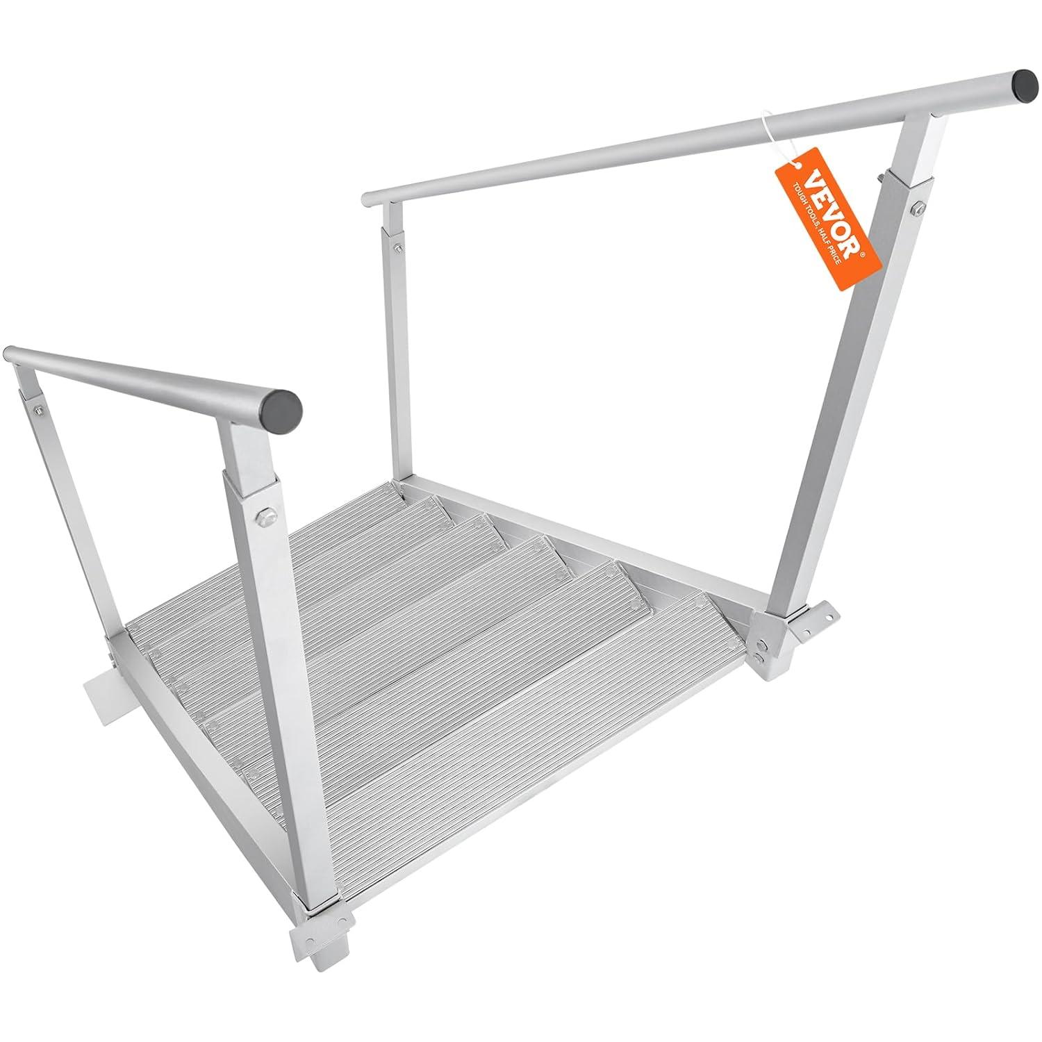 VEVOR Dock Stairs 4 Steps, 500lbs Load Pool Steps, Adjustable Height Aluminum Dock Ladders, Pontoon Boat Ladder with Handrails & Widen Nonslip Pedals for Lake/Pool/Marine Boarding/RV/House