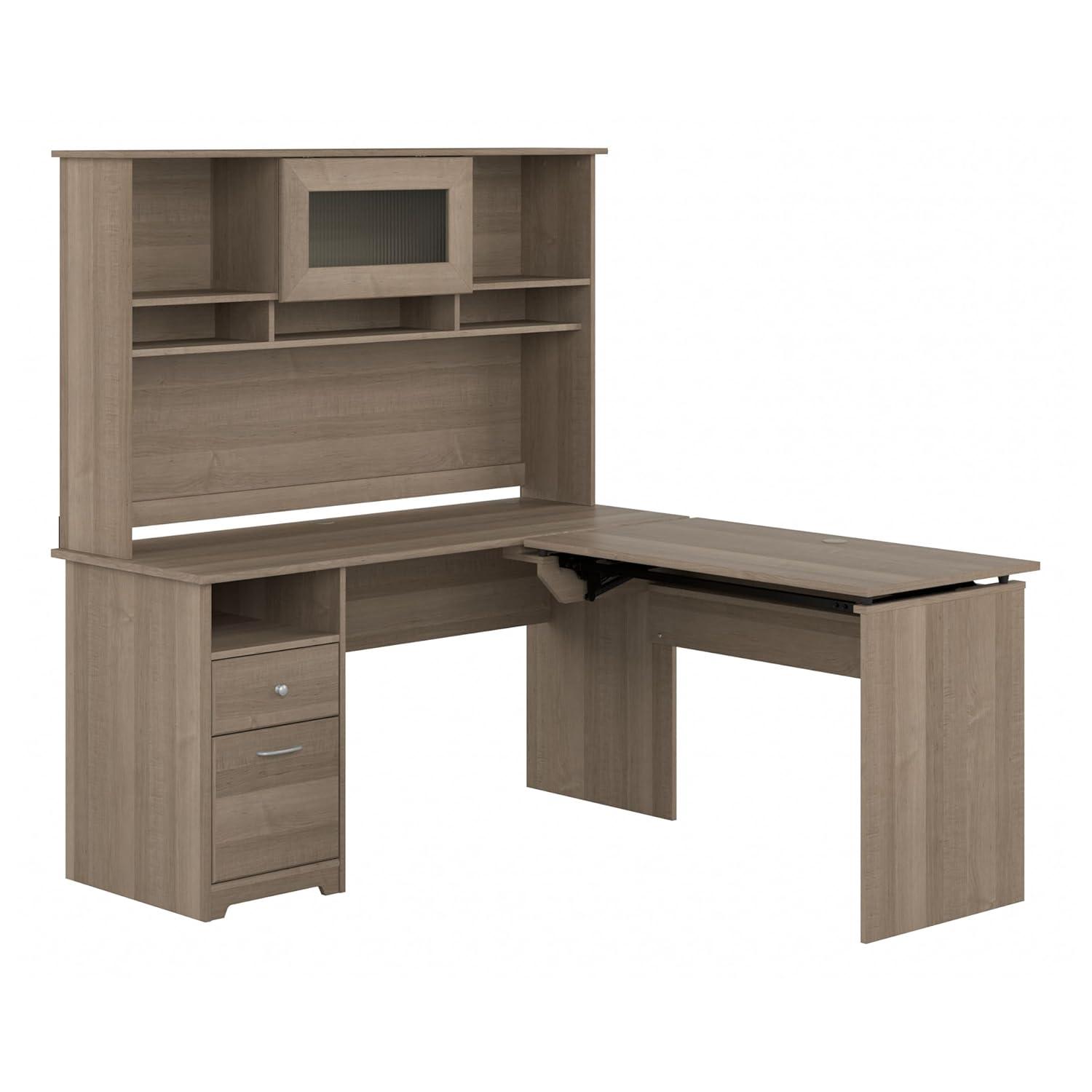Cabot 60W Sit to Stand L Shaped Desk with Hutch in Modern Gray - Engineered Wood