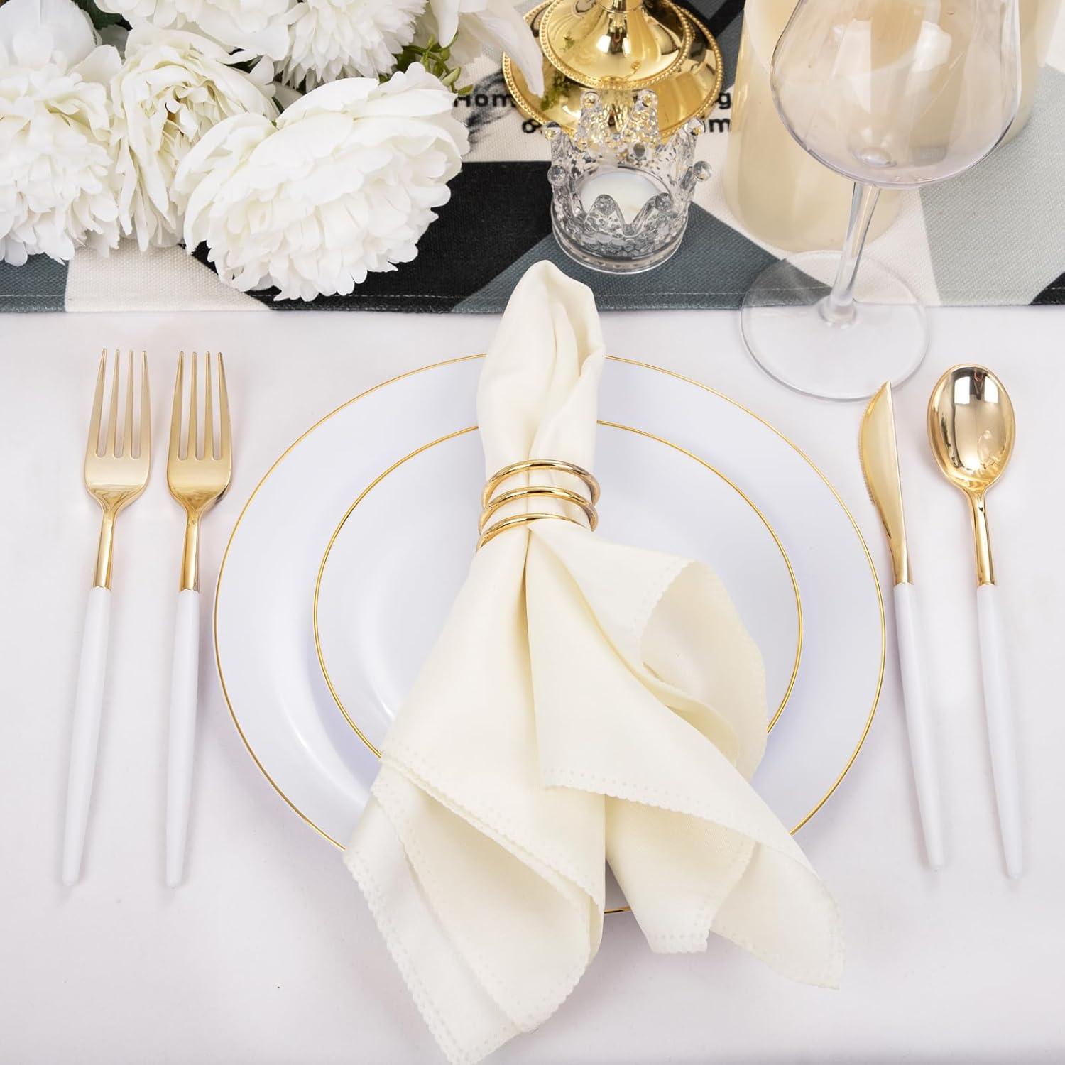 White and Gold Round Plastic Dinnerware Set for 30 Guests