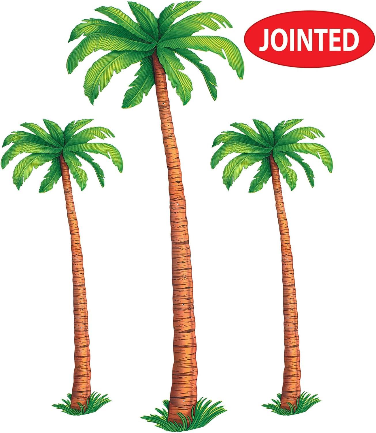 Beistle 3 Count Jointed Palm Tree Decorations, Cardstock Paper Cut Outs, Luau Beach Theme, Tropical Hawaiian Party Décor, 2-4’ & 1-6’