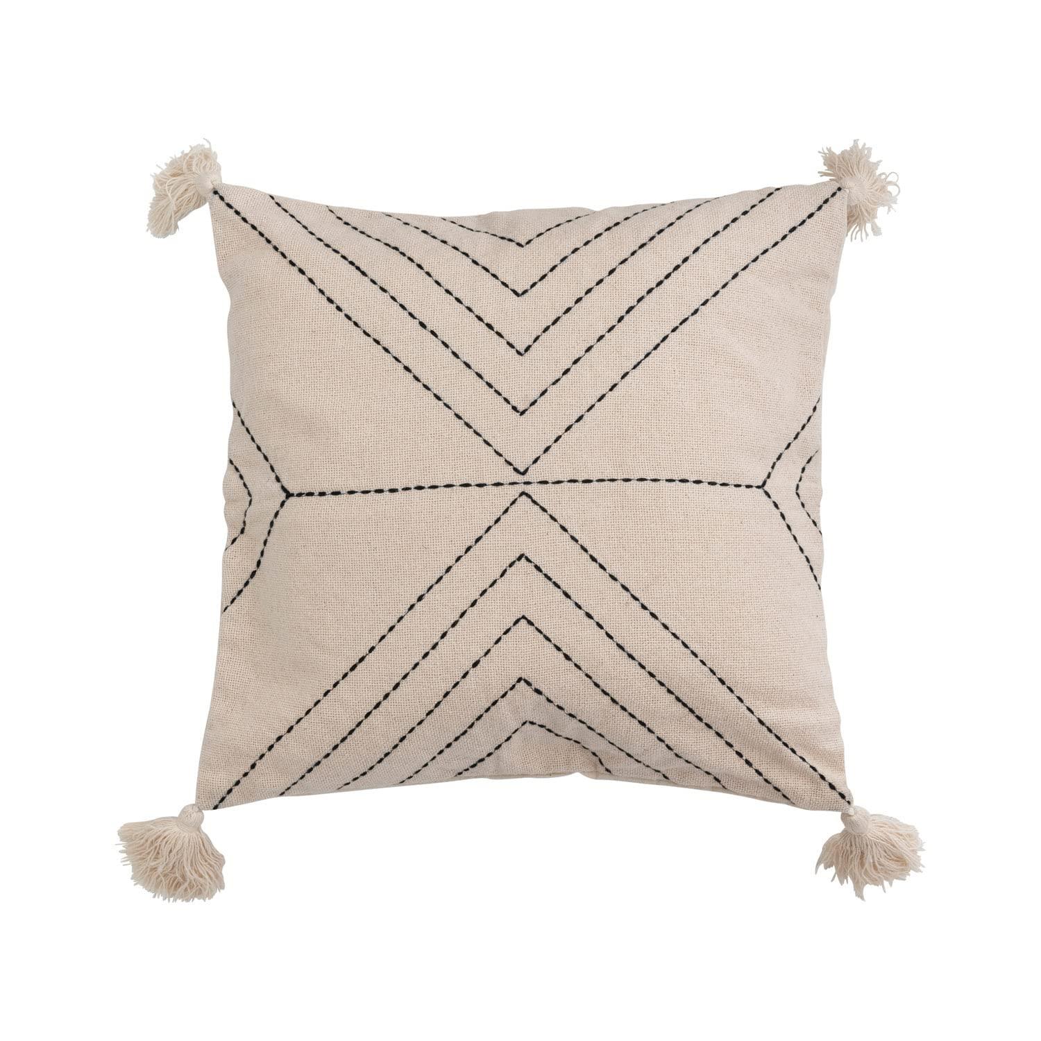 Bloomingville Cotton Blend Embroidered Tassels Pillow, 18" L x 18" W x 2" H, Multicolor