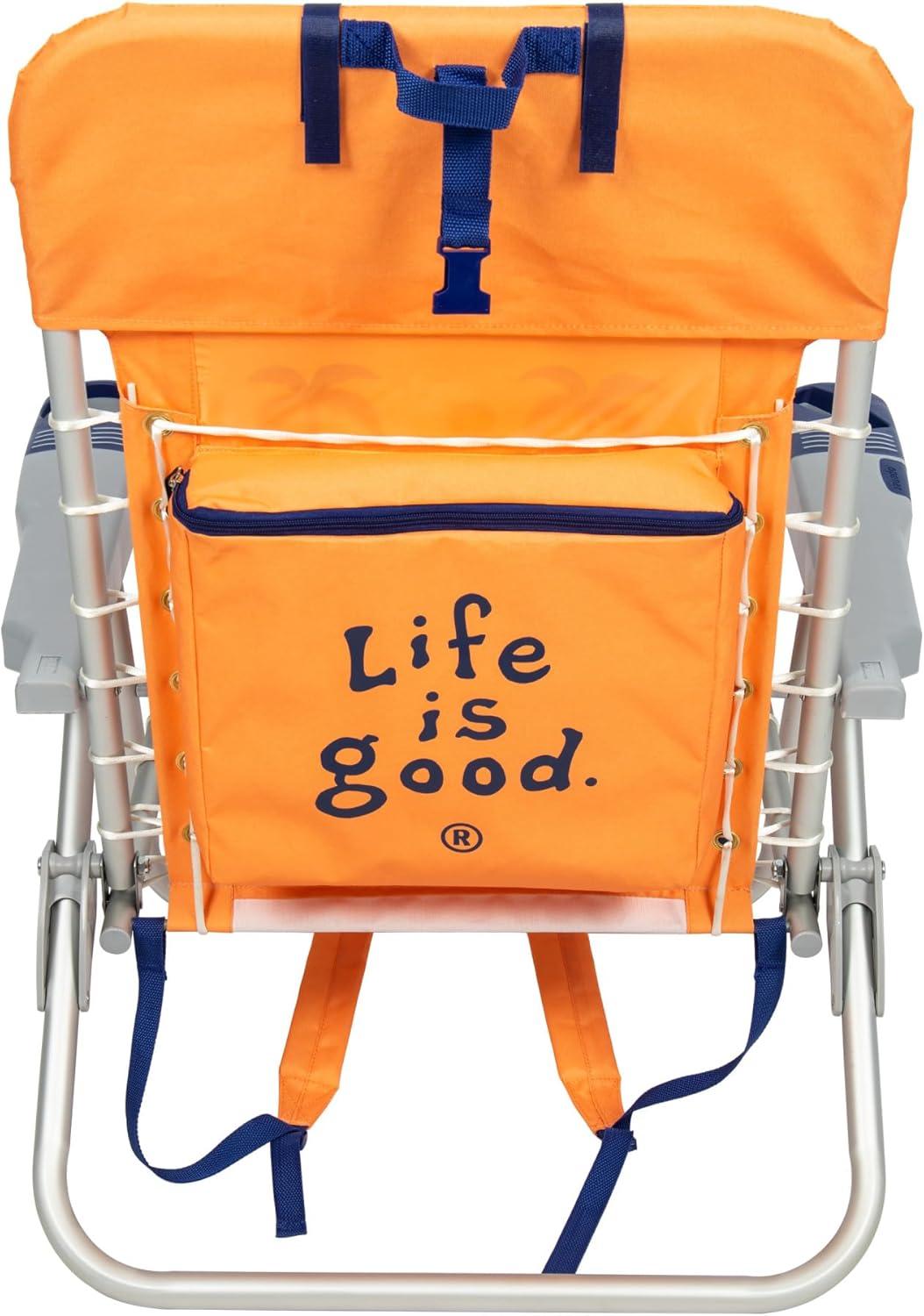 Life is Good 4-Position Backpack Pillow and Cup Holder Beach Chair, Canyon Orange