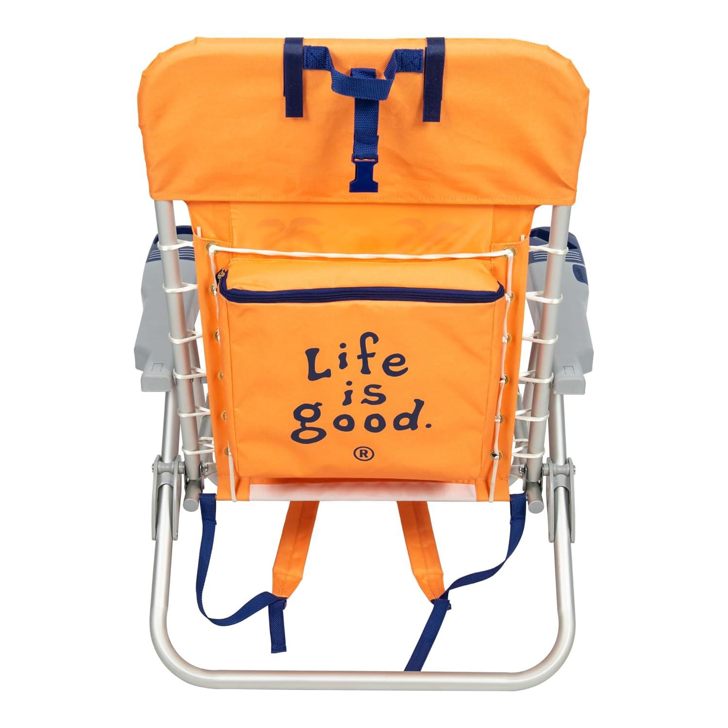Life is Good 4-Position Backpack Pillow and Cup Holder Beach Chair, Canyon Orange