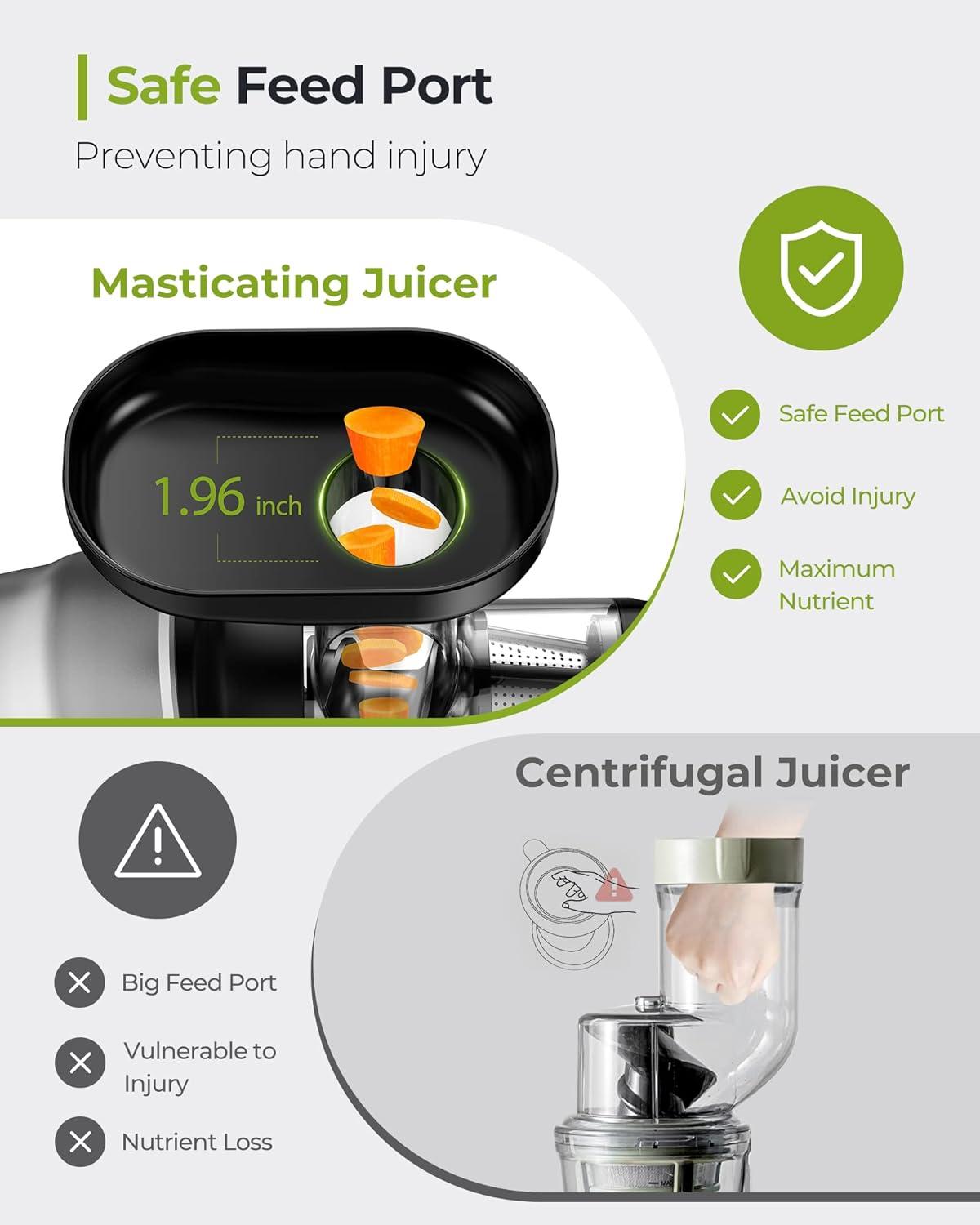 Gray Stainless Steel Masticating Juicer with Variable Speed and Reverse Function