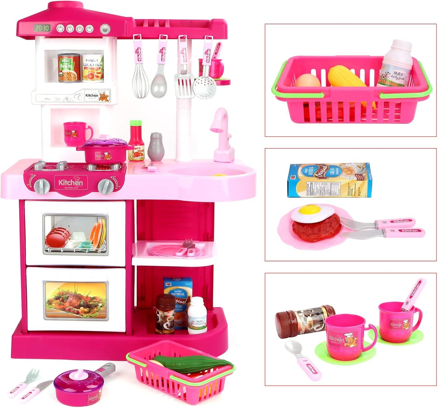 Wellsay Kitchen Playset Toy Pretend Food with Sounds and Lights Role Playing Game Pretend Food Playset for Toddlers,Pink