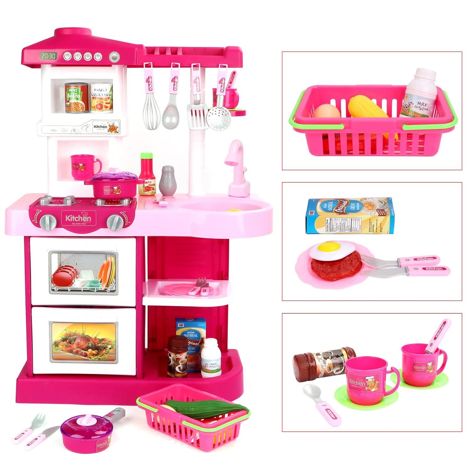 Wellsay Kitchen Playset Toy Pretend Food with Sounds and Lights Role Playing Game Pretend Food Playset for Toddlers,Pink