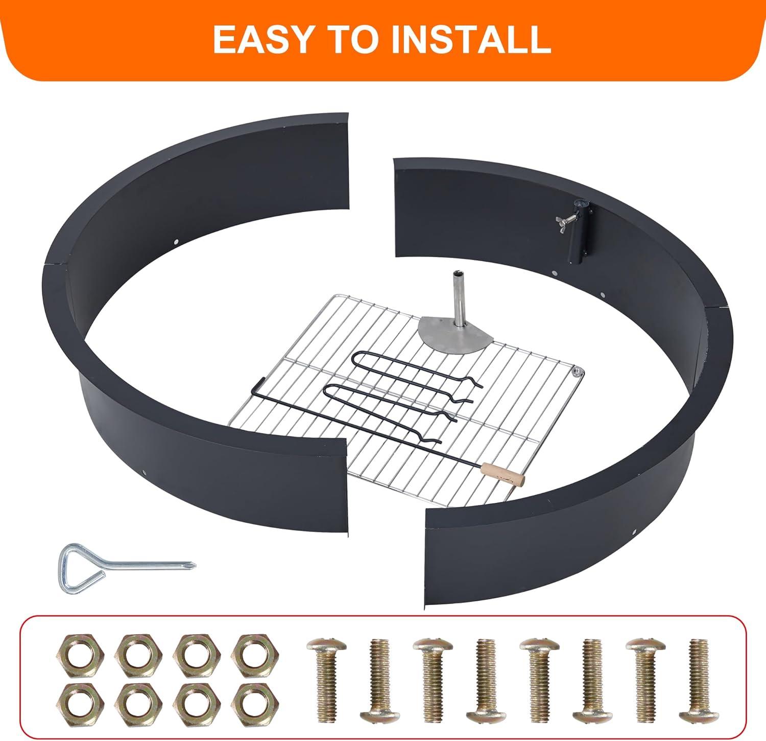 36 inch Outdoor Fire Pit Liner Round Solid Steel Fire Ring with Cooking Grate