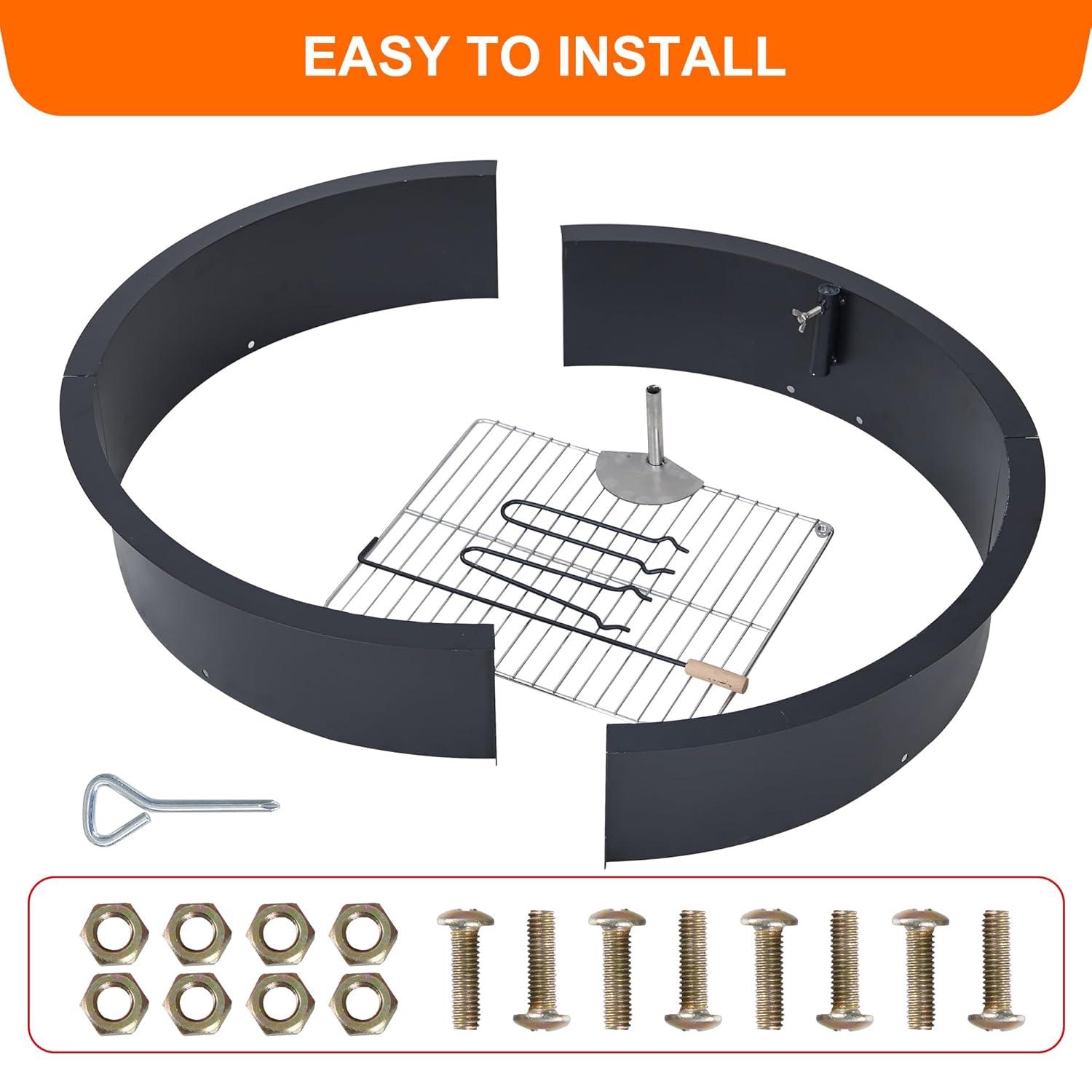 36 inch Outdoor Fire Pit Liner Round Solid Steel Fire Ring with Cooking Grate