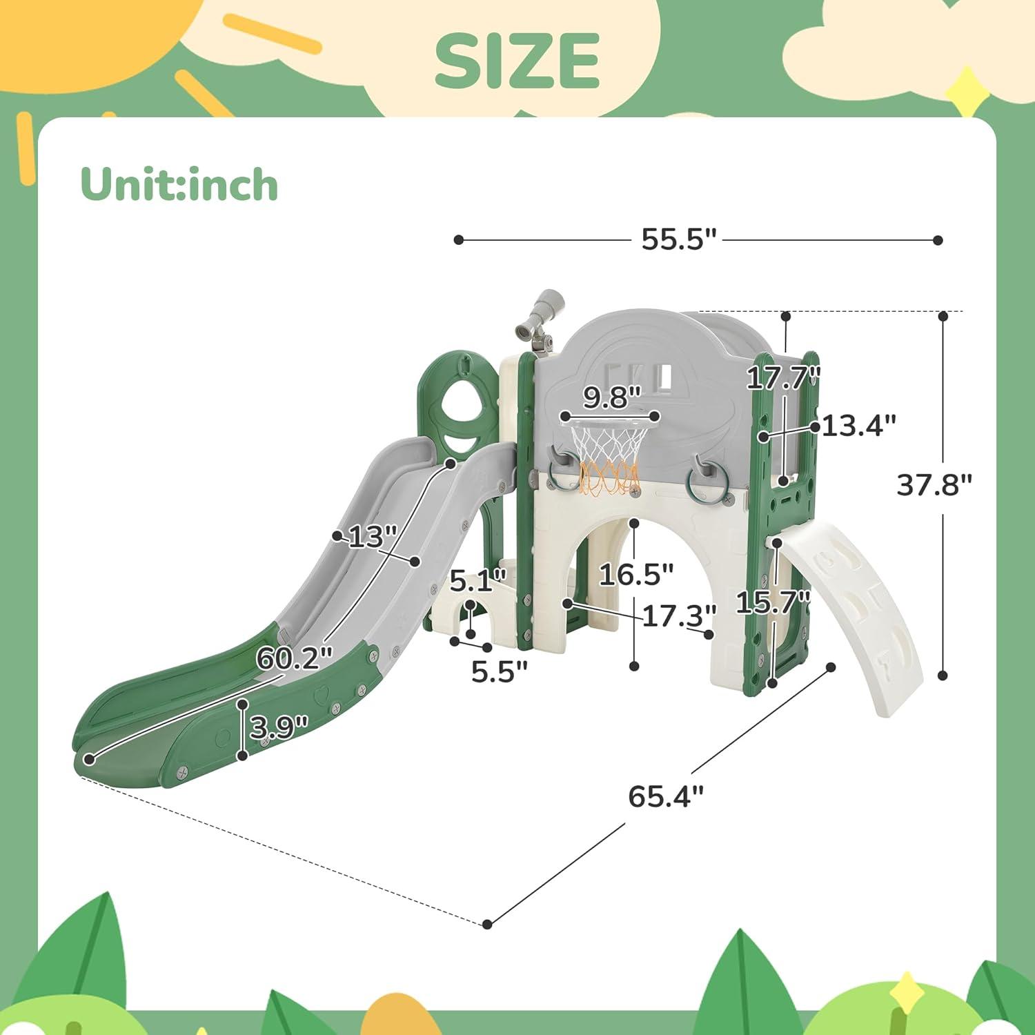 Green 7-in-1 Toddler Slide and Climber Playset with Basketball Hoop