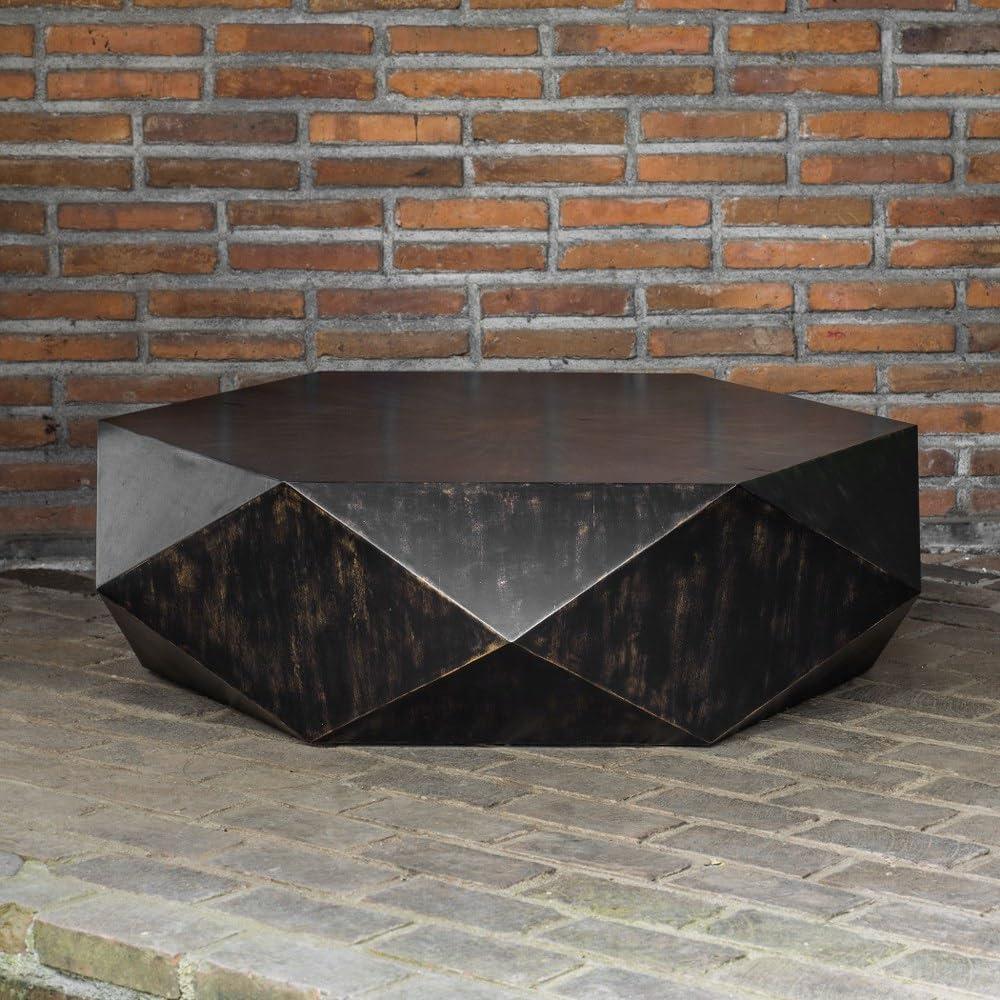 Geometric Worn Black Mango Wood Round Coffee Table