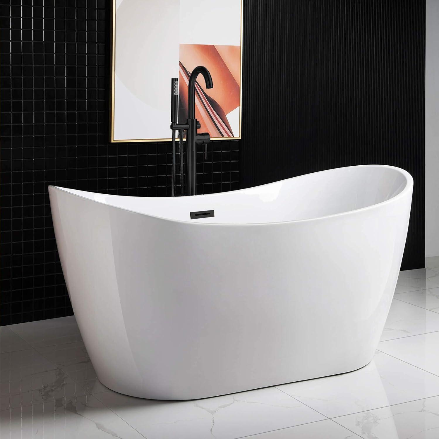 59" White Acrylic Freestanding Oval Bathtub with Matte Black Overflow